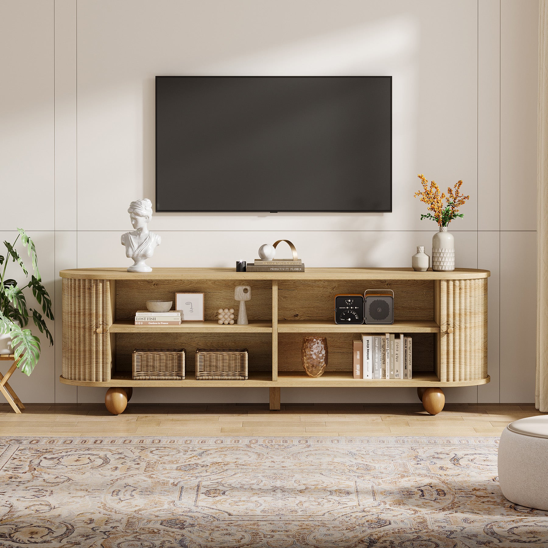 Tribesigns 70.8-Inch Farmhouse Fluted TV Stand with Sliding Doors and Storage Shelves, Extra Long Media Console for 65 70 and 75 Inch TVs