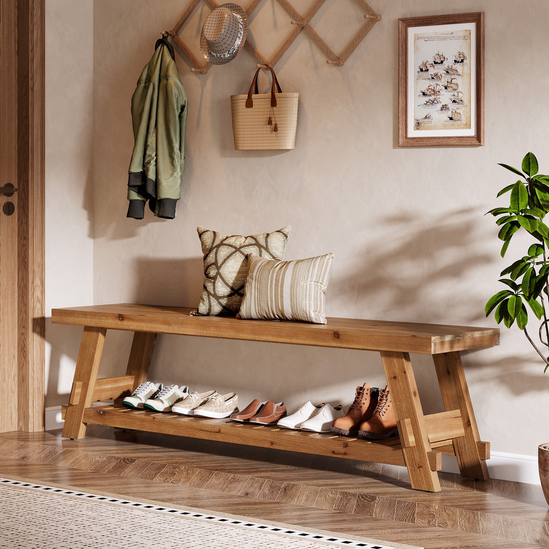 Tribesigns 63 Inch Solid Wood Shoe Storage Bench for 6 Pairs, Farmhouse Entryway Seat with Shelf