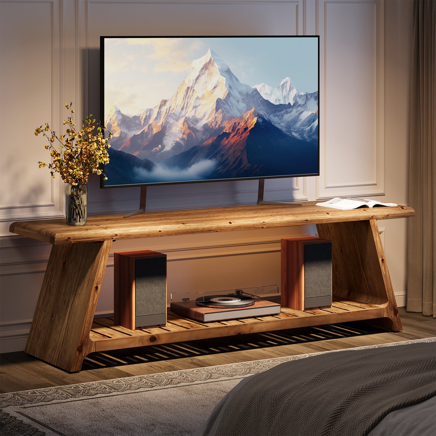 Tribesigns 63-Inch Solid Wood TV Stand with 2-Tier Storage, Farmhouse Media Console for Living Room and Bedroom