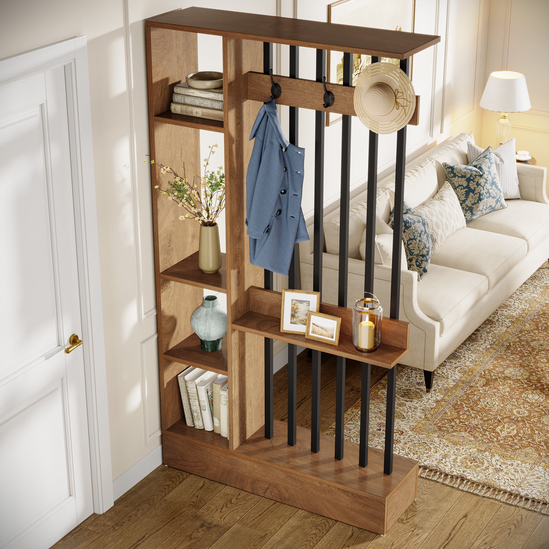 70.9 Inch Room Divider, Freestanding Bookshelf Partition with Shelves and Coat Hooks