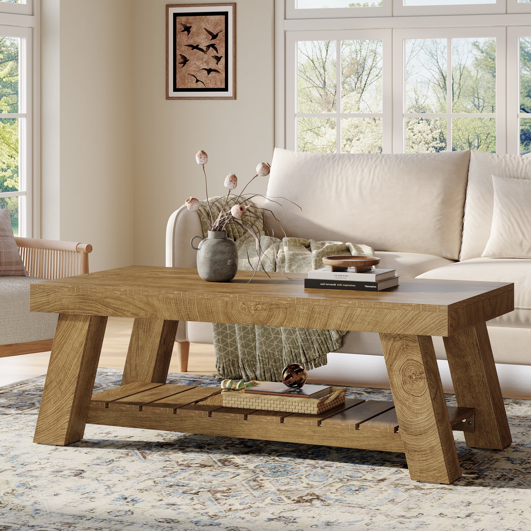 47.24-Inch Rectangular Coffee Table, Farmhouse Wood Center Table with 2-Tier Storage