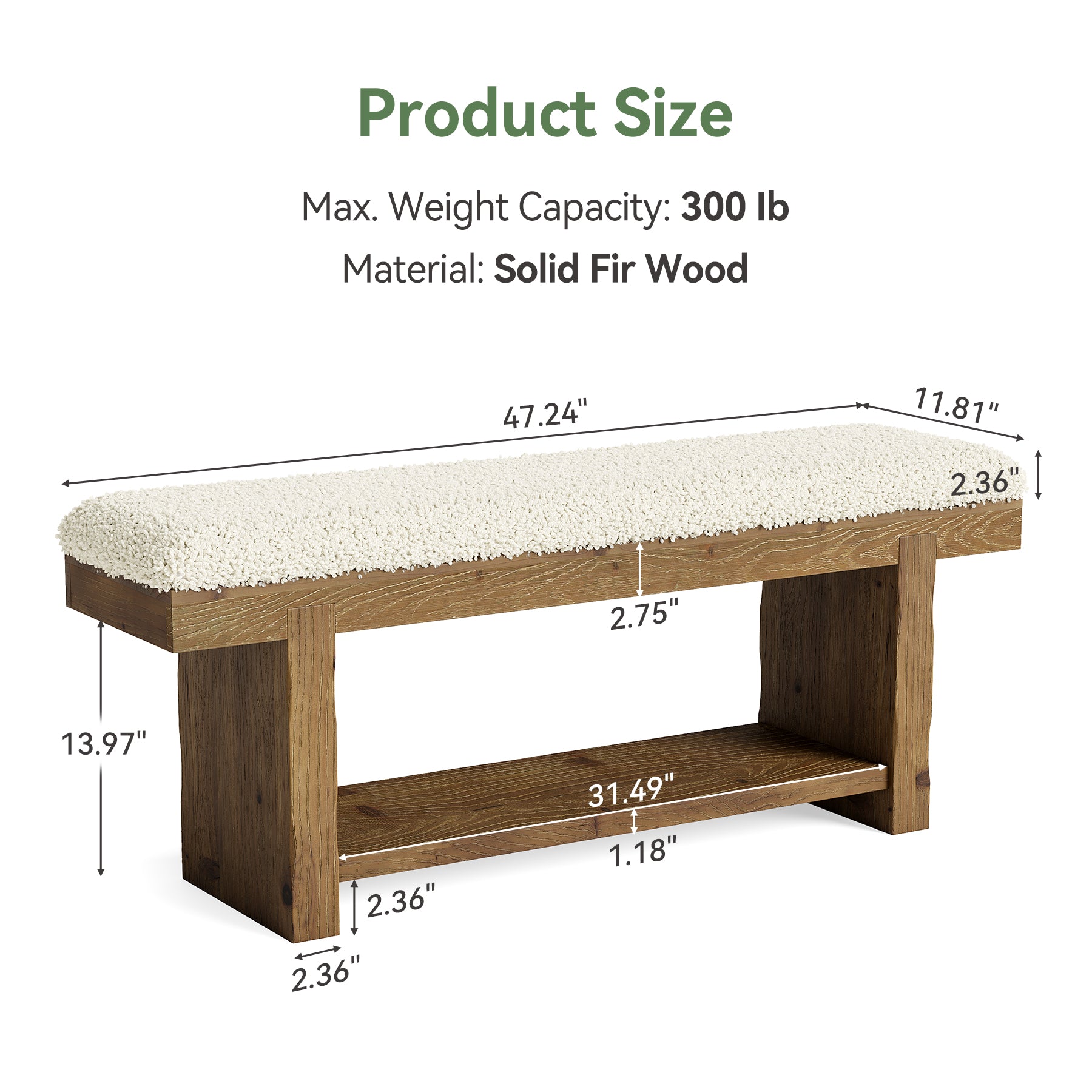Tribesigns 47.2-Inch Farmhouse Entryway Bench with Storage Shelf, Solid Wood Upholstered Shoe Bench for Mudroom