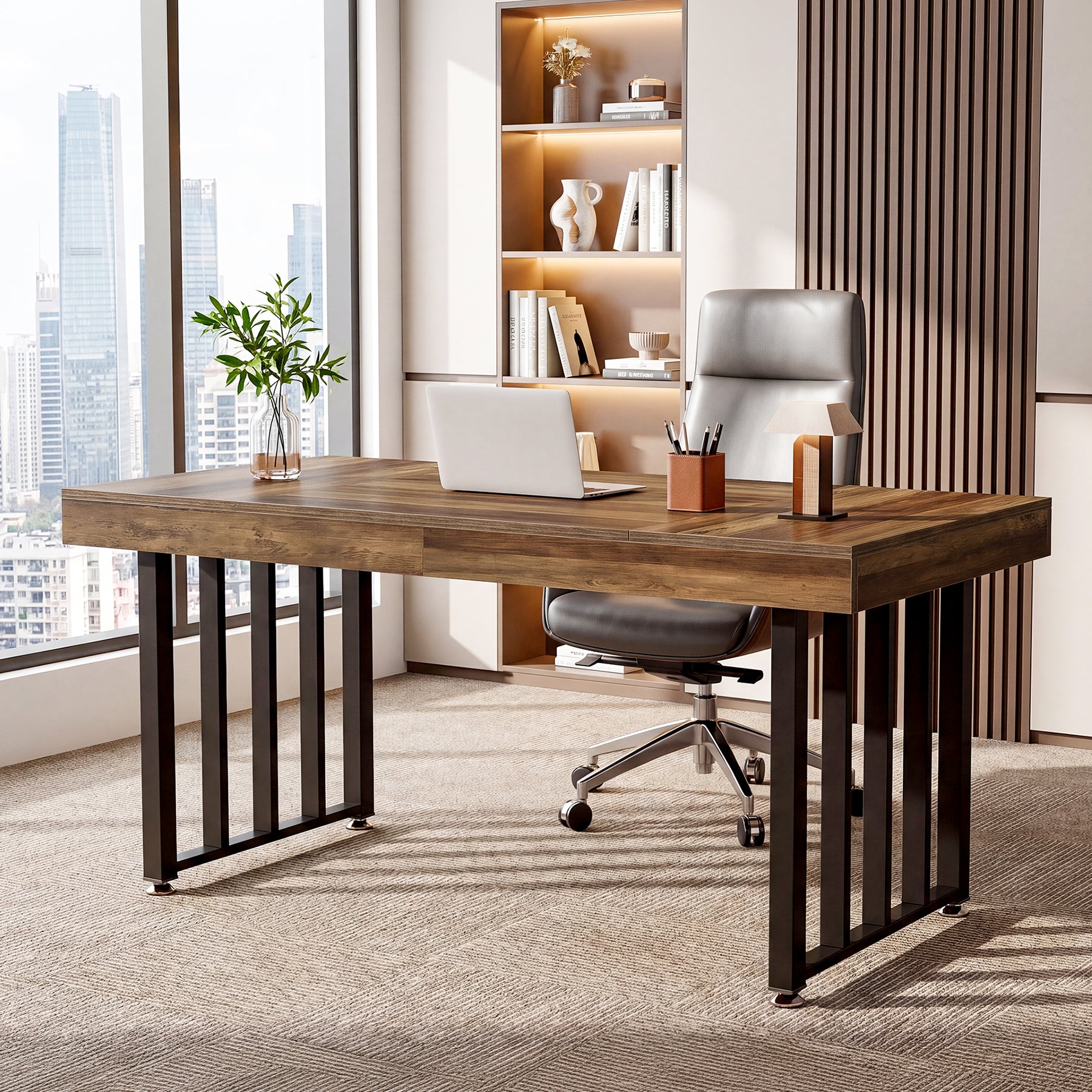 55 Inch Computer Desk with Reinforced Metal Frame, Modern Writing Table for Home Office