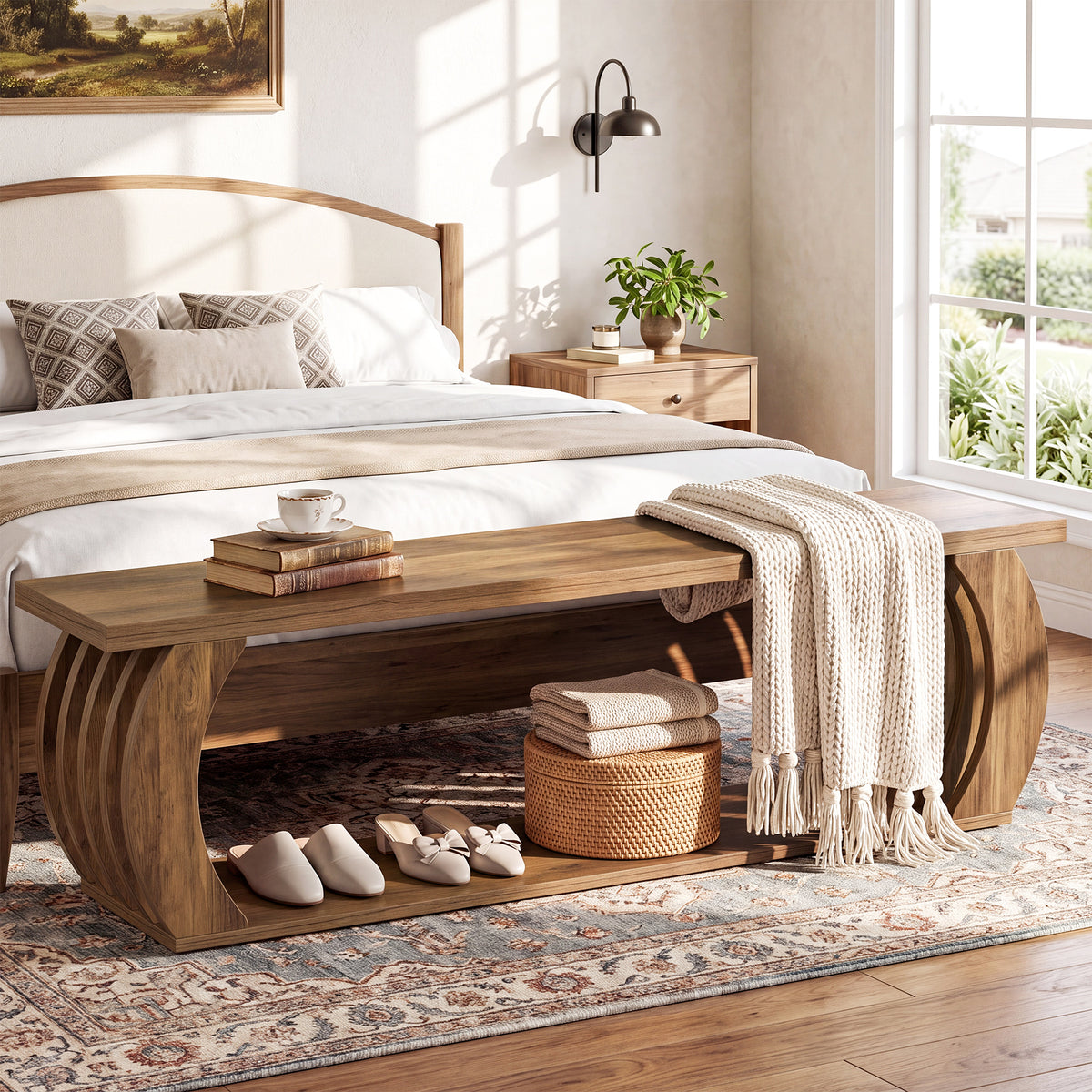 Tribesigns 63-Inch End of Bed Bench with Storage, Farmhouse Bedroom Bench with 2-Tier Shelf