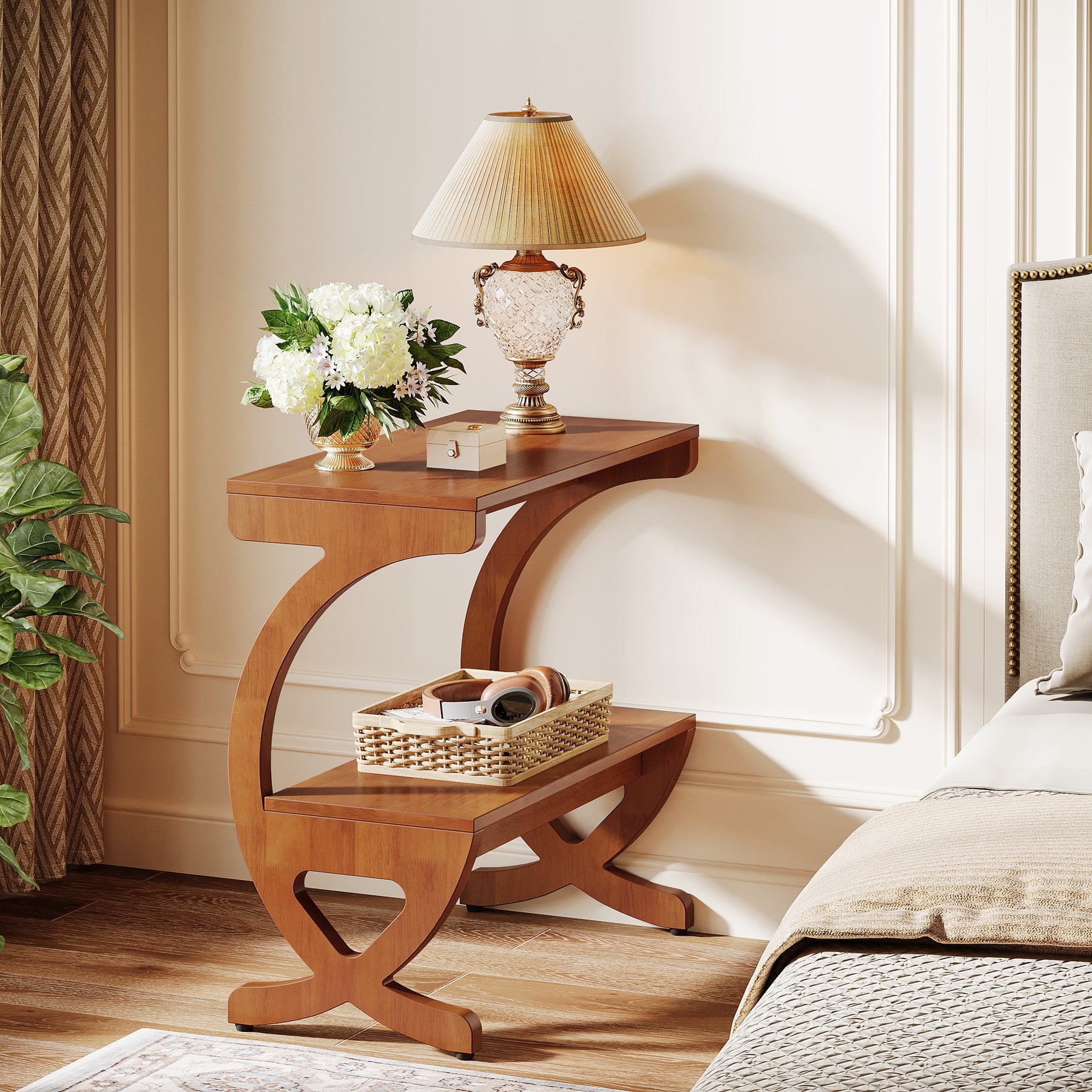 23.6-Inch Mid-Century Modern Nightstand with 2-Tier Storage and Curved Crossed Legs