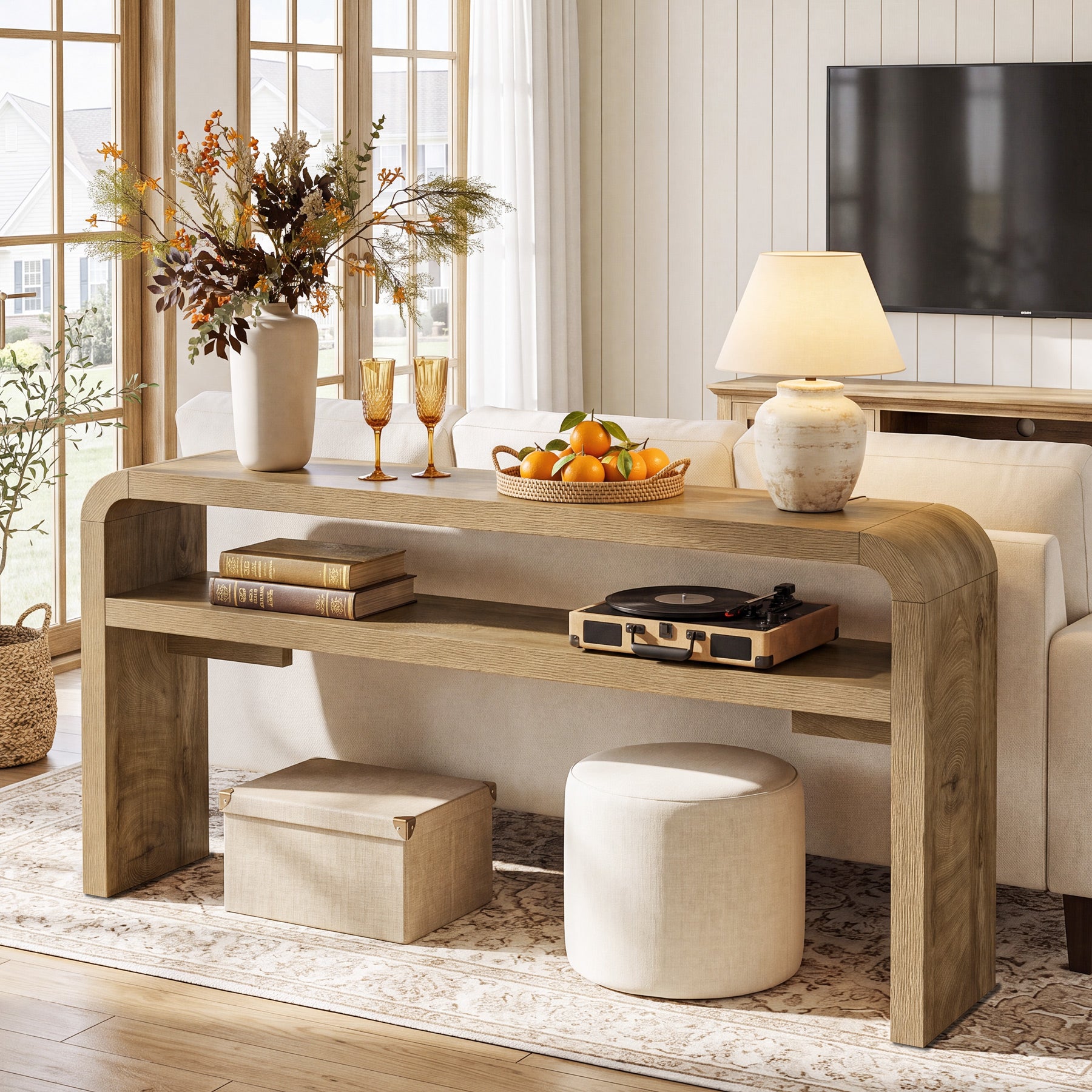 63 Inch Long Console Table with 2-Tier Storage, Narrow Sofa Table for Living Room