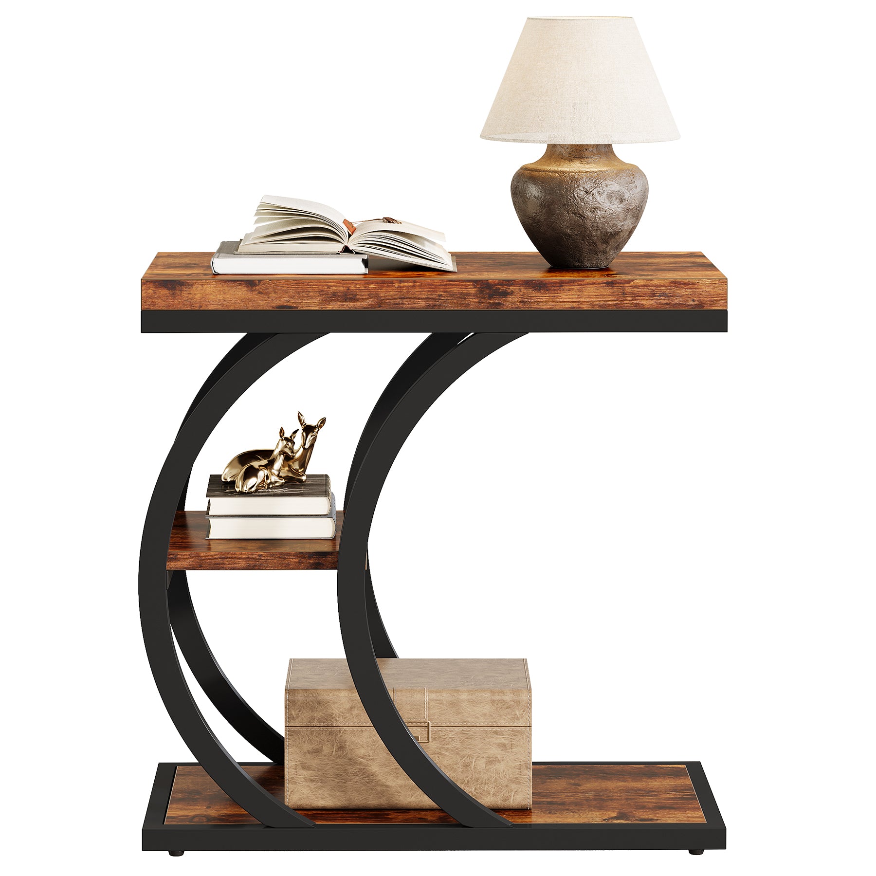 C-Space 3-Tier End Table, A Narrow C-Shaped Wood & Metal Side Table for Small Spaces