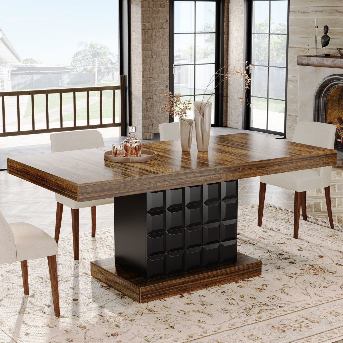 Tribesigns 63 Inch Rectangular Dining Table for 4-6, Modern Farmhouse Kitchen Table with Geometric Pedestal Base