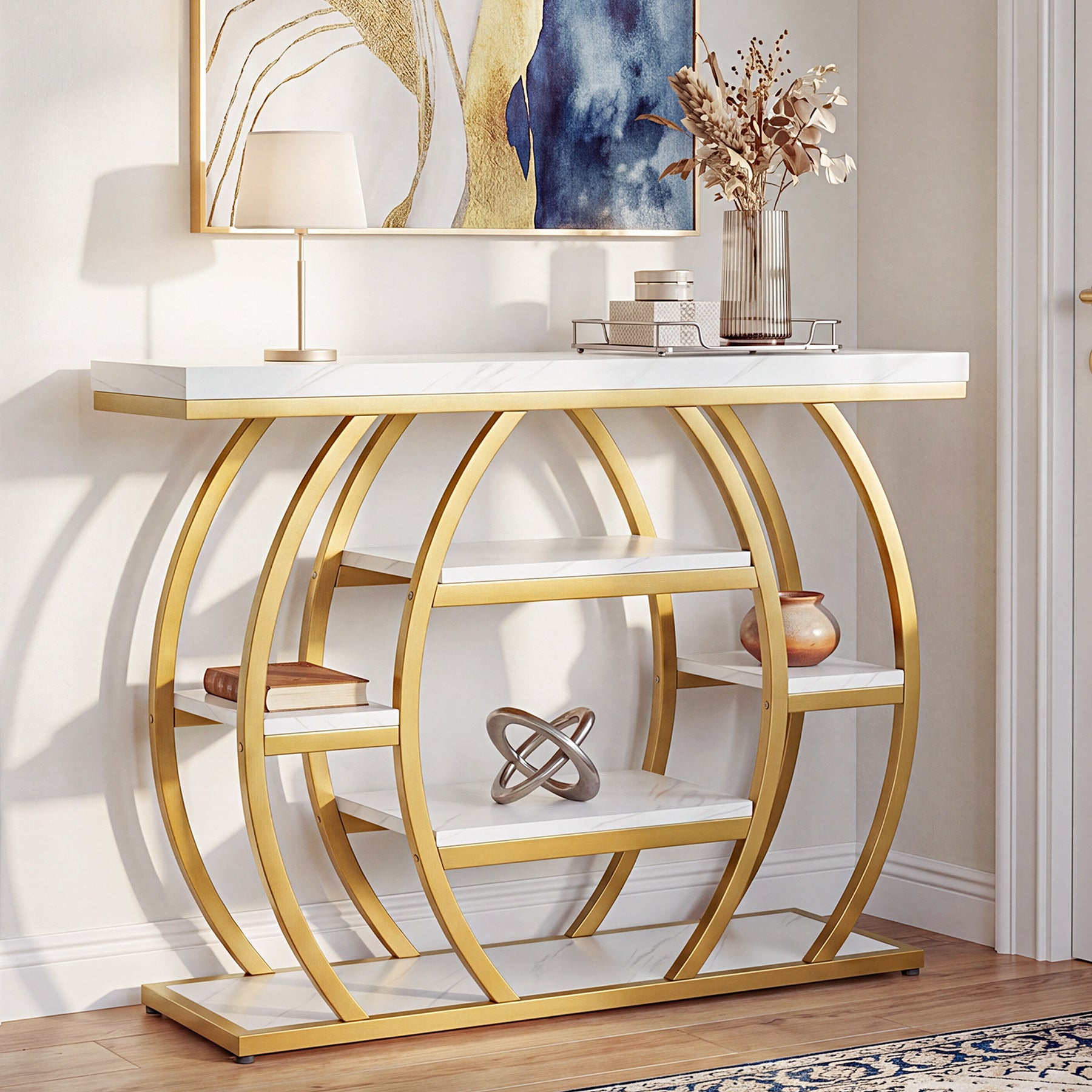 41.3-Inch Modern Console Table with 5-Tier Storage, Narrow Faux Marble Entryway Table for Living Room and Hallway