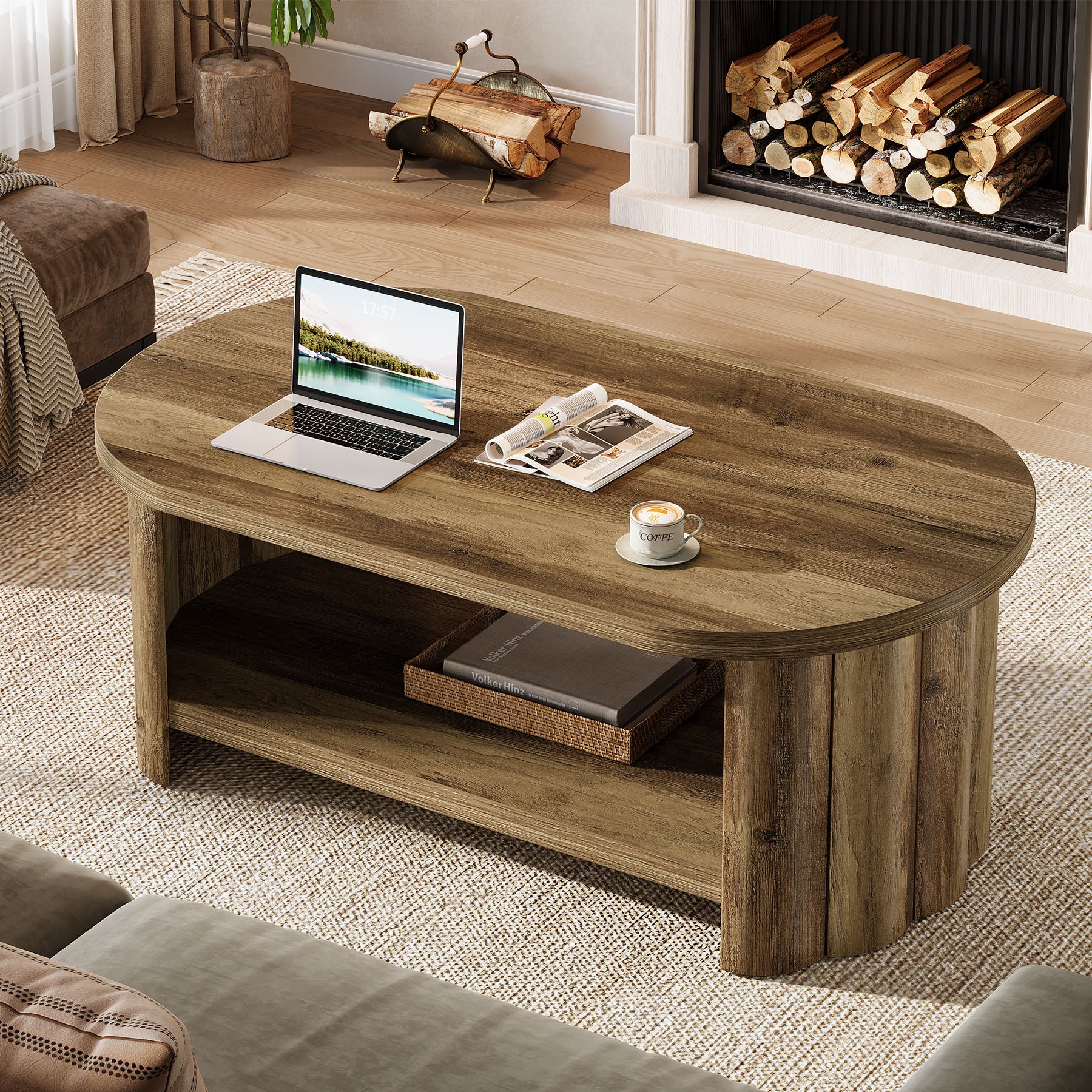 47.24-Inch Oval Coffee Table with 2-Tier Storage Shelf and Dual Base, Farmhouse Accent Center Table