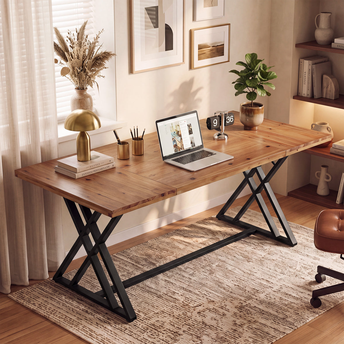 Tribesigns 63 Inch Solid Wood Computer Desk with X-Shaped Metal Legs, Farmhouse Home Office Desk