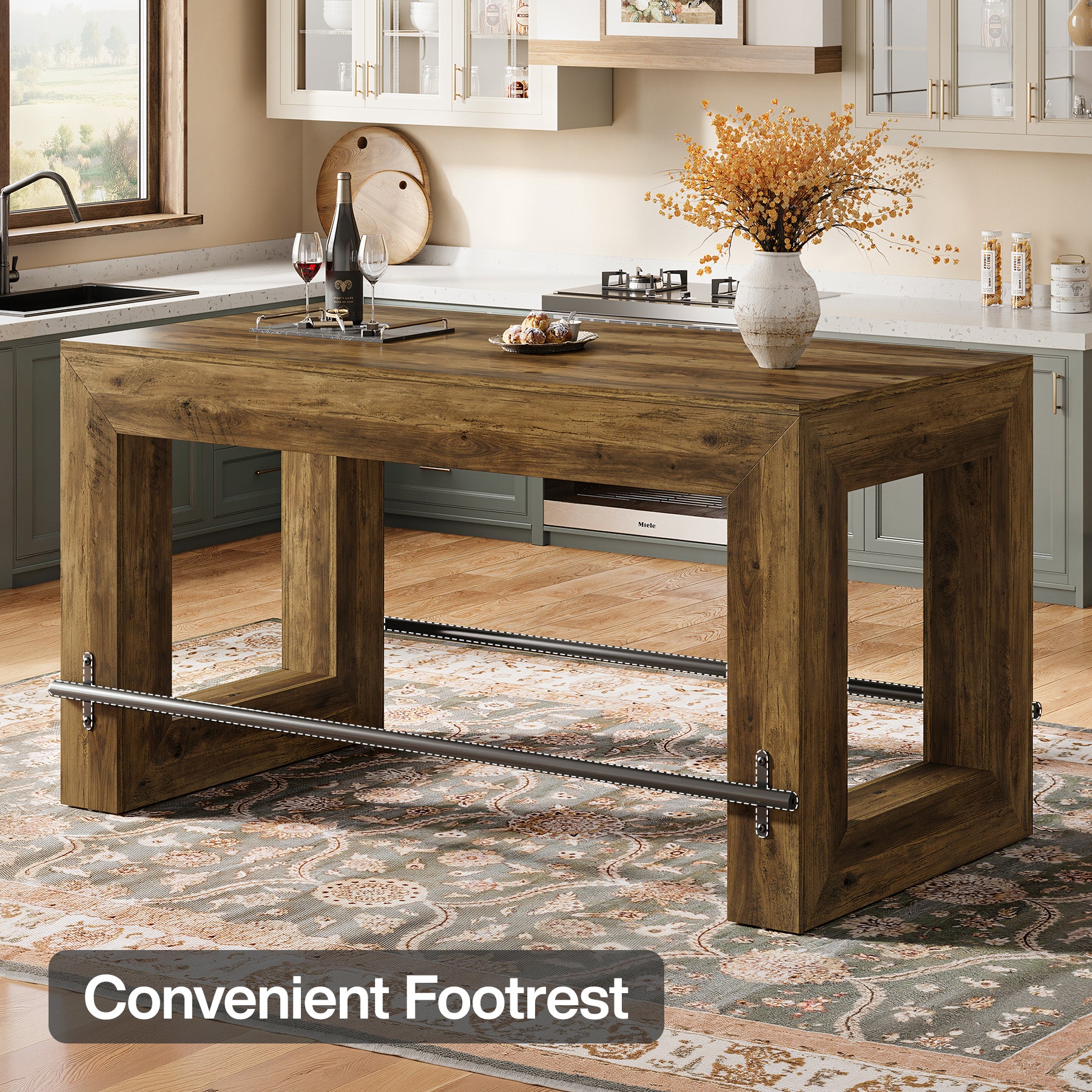 Tribesigns 59-Inch Industrial Bar Table with Metal Footrest, Counter Height Pub Table for Kitchen
