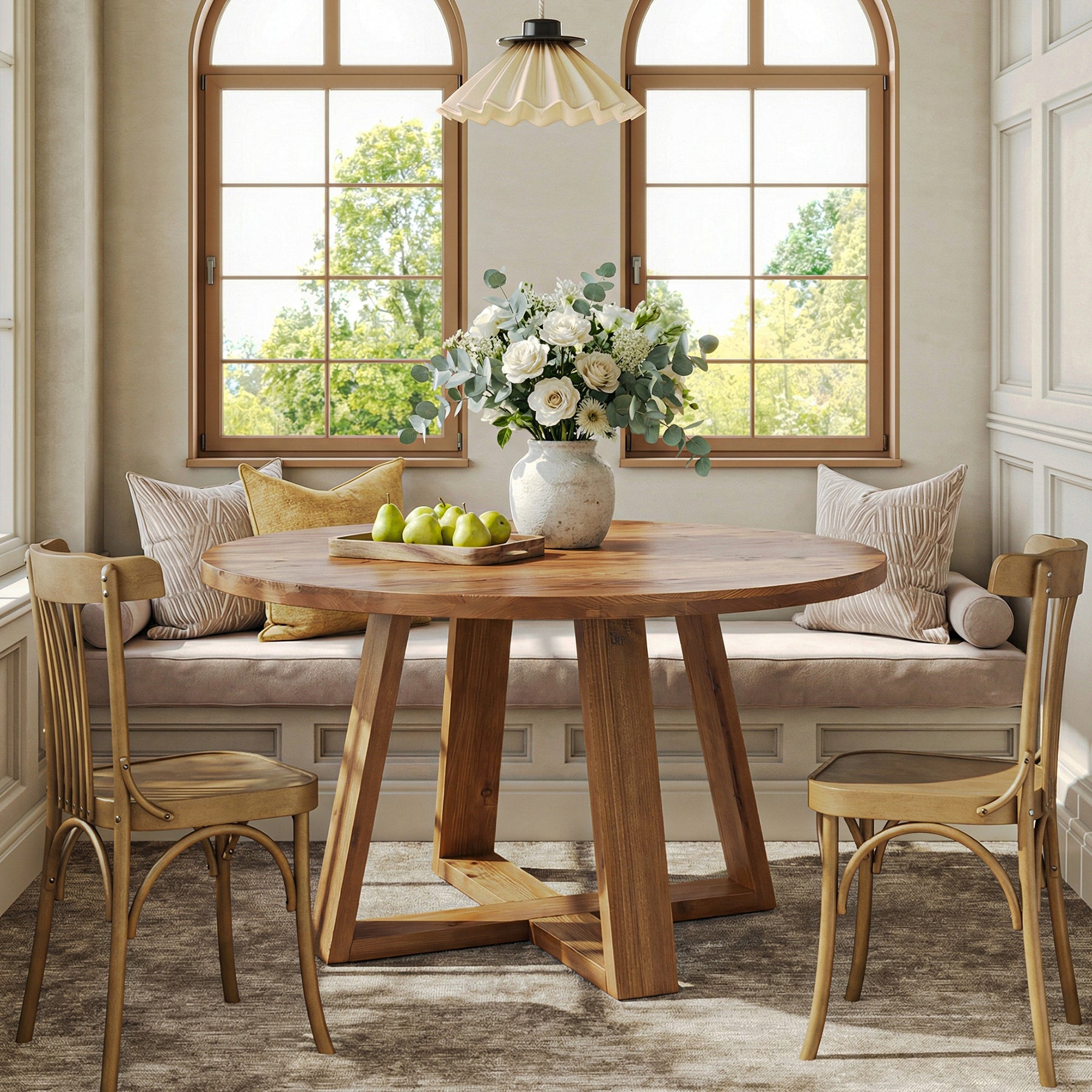 Tribesigns 47.2 Inch Solid Wood Round Dining Table for 4, Farmhouse Kitchen Table with Trestle Base