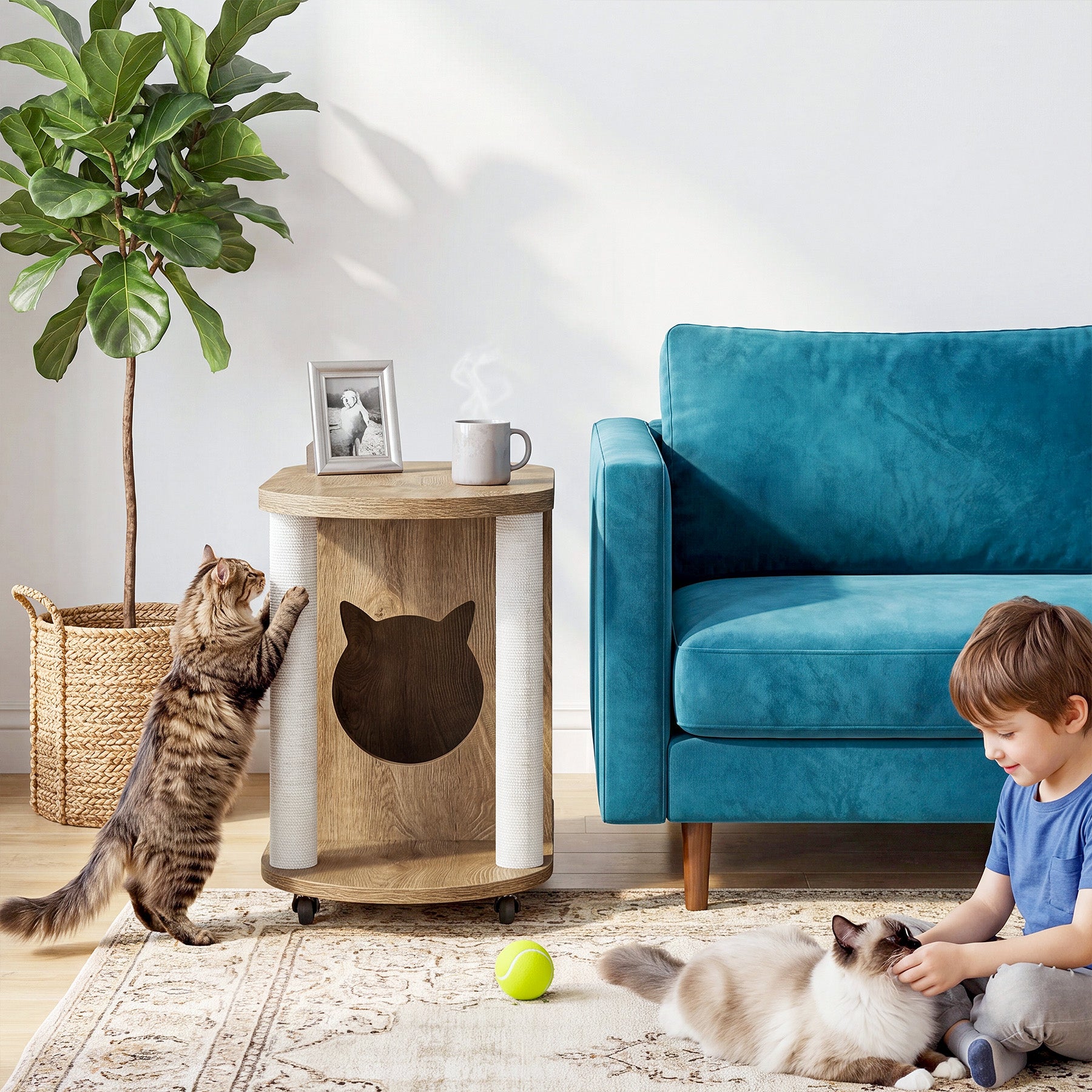 31.5-Inch End Table with Cat Scratching Posts, Wooden Cat Condo with Bed for Living Room