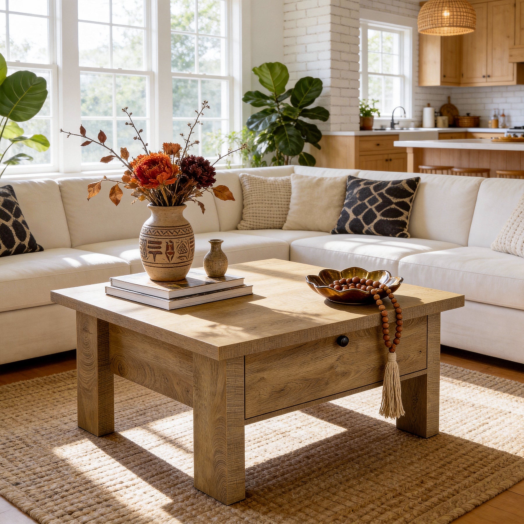 31.5" Square Coffee Table with Storage for Small Spaces, Modern Brown Living Room Center Table
