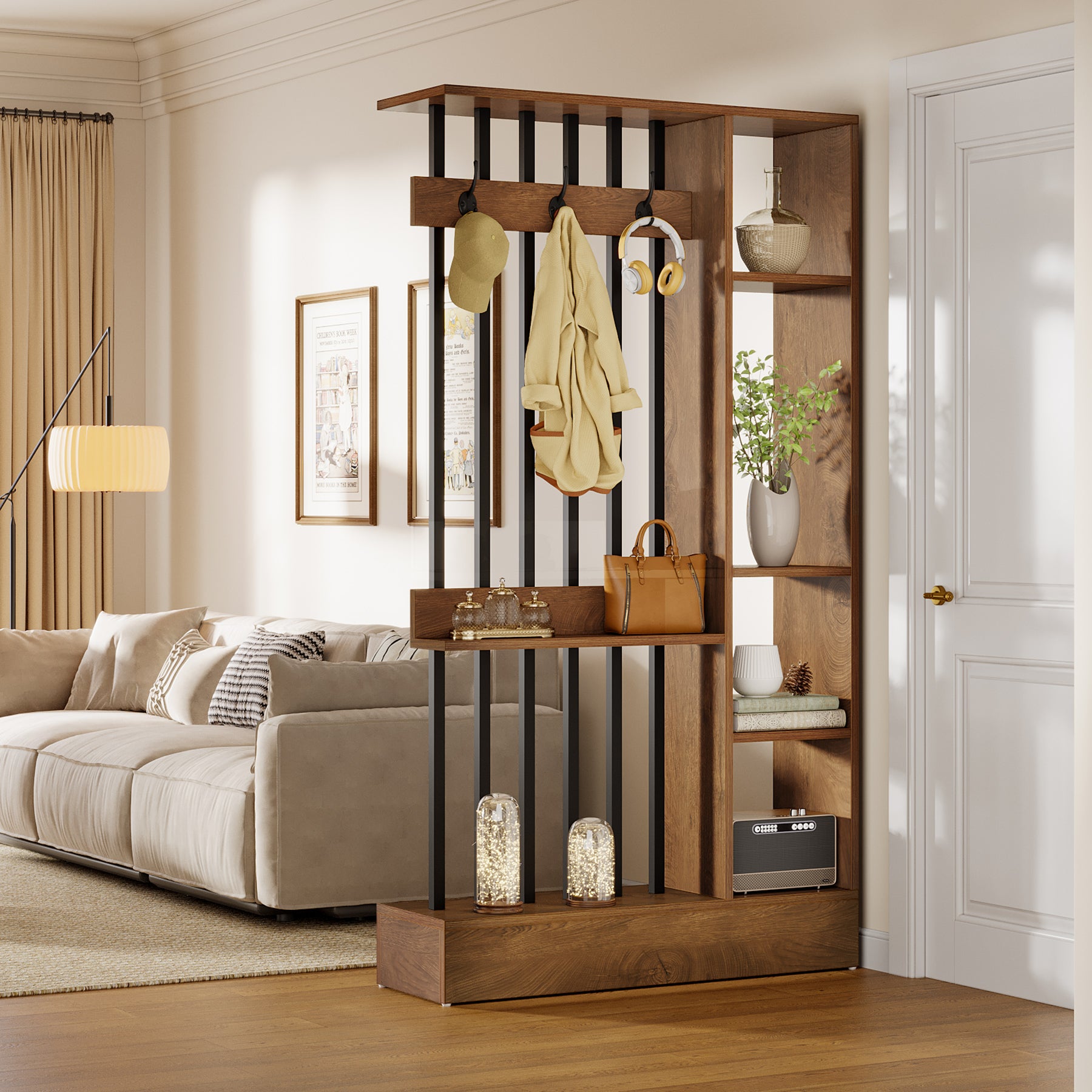 70.9 Inch Room Divider, Freestanding Bookshelf Partition with Shelves and Coat Hooks