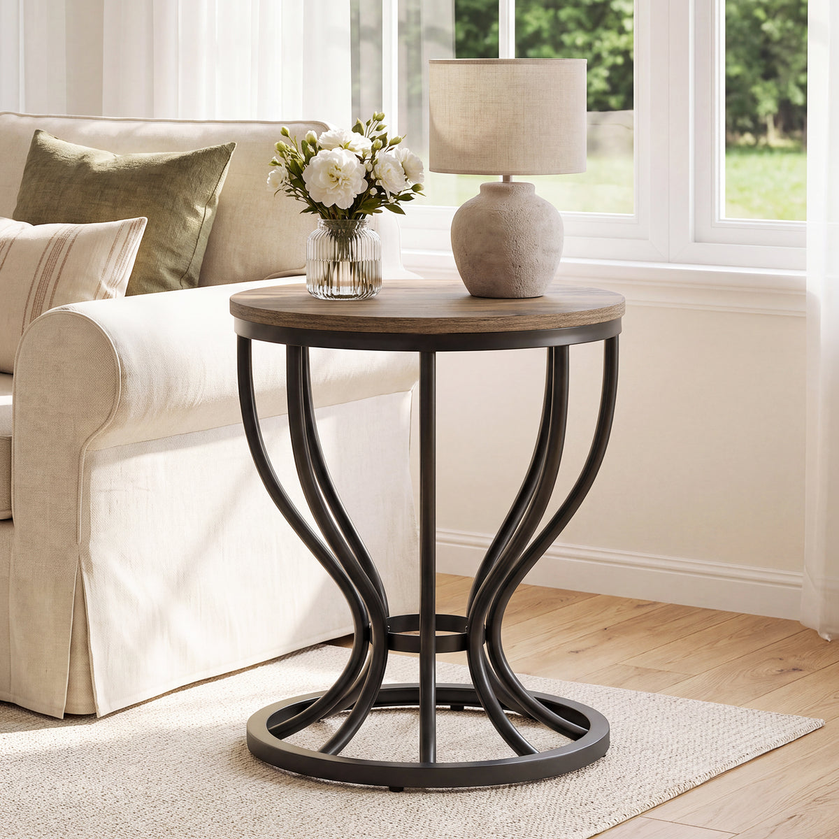 Tribesigns 19.7-Inch Round Side Table with Metal Frame, Rustic Accent Table for Living Room
