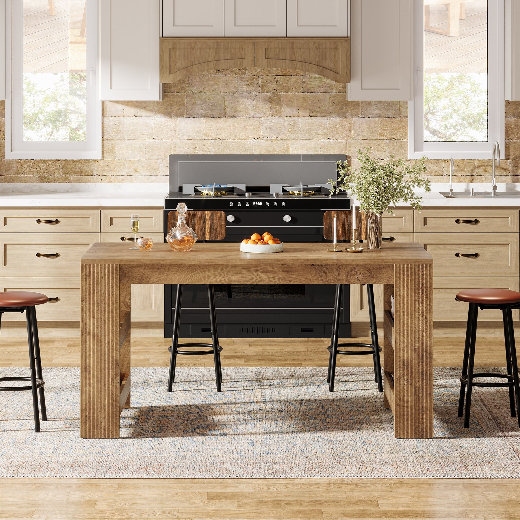 63 Inch Farmhouse Bar Table with Storage Shelves, Counter Height Pub Table for Kitchen