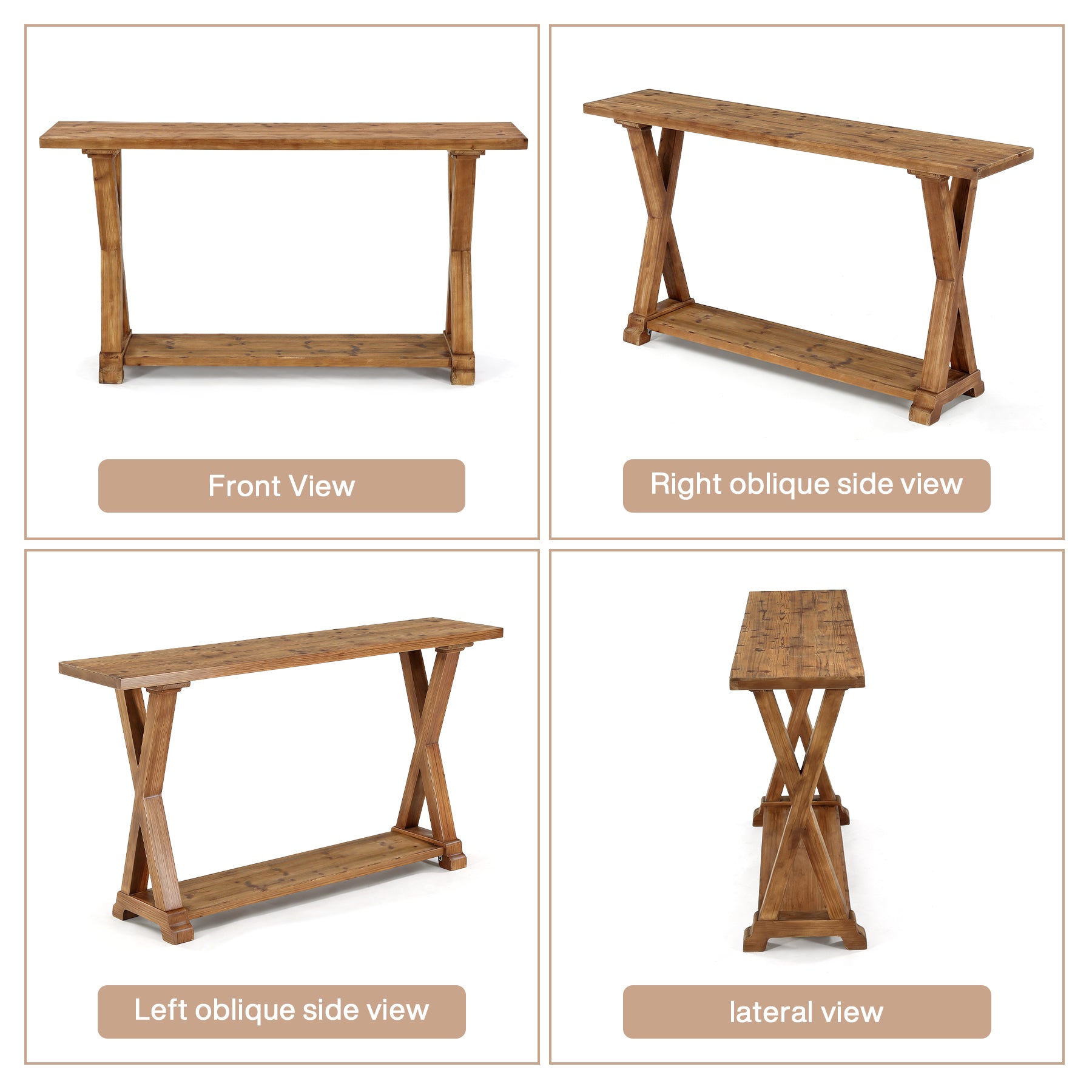 63 Inch Solid Wood Console Table with Storage, 2 Tier Farmhouse Sofa Table