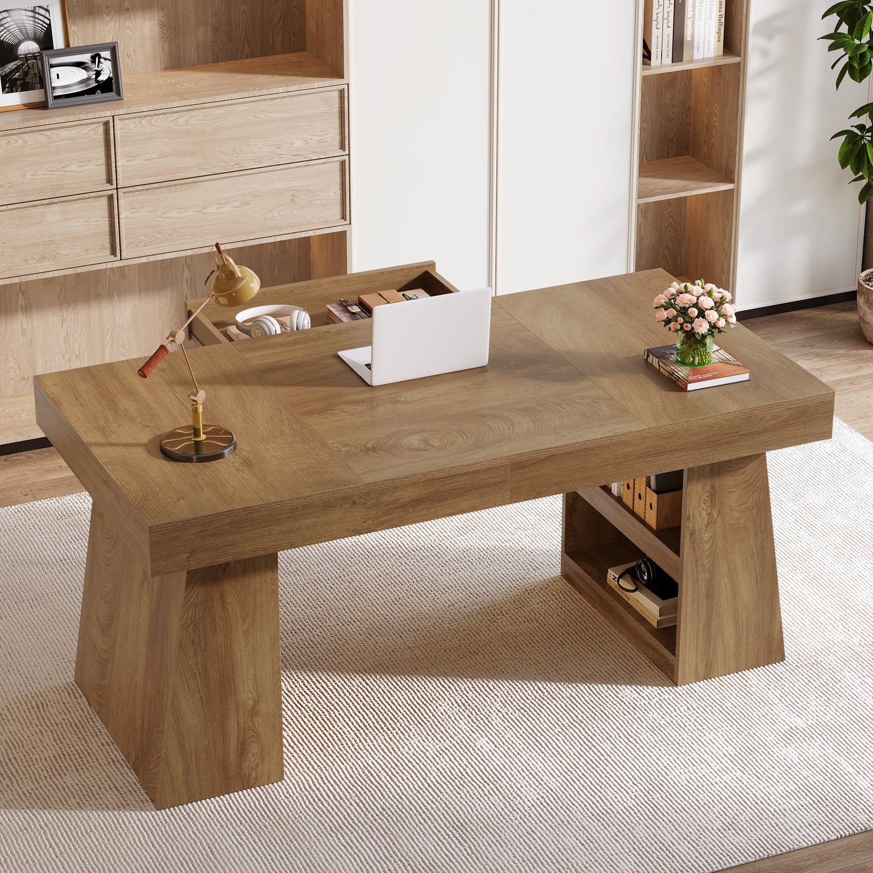Tribesigns 55 Inch Executive Desk with Drawer, Large Office Computer Desk with Storage Shelves for Home Office
