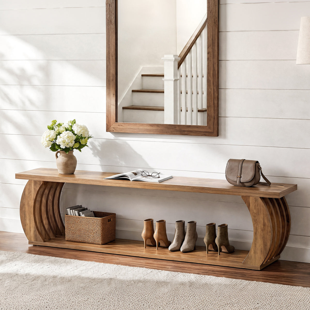 Tribesigns 63-Inch Farmhouse Entryway Bench, 2-Tier Shoe Storage Bench for Hallway