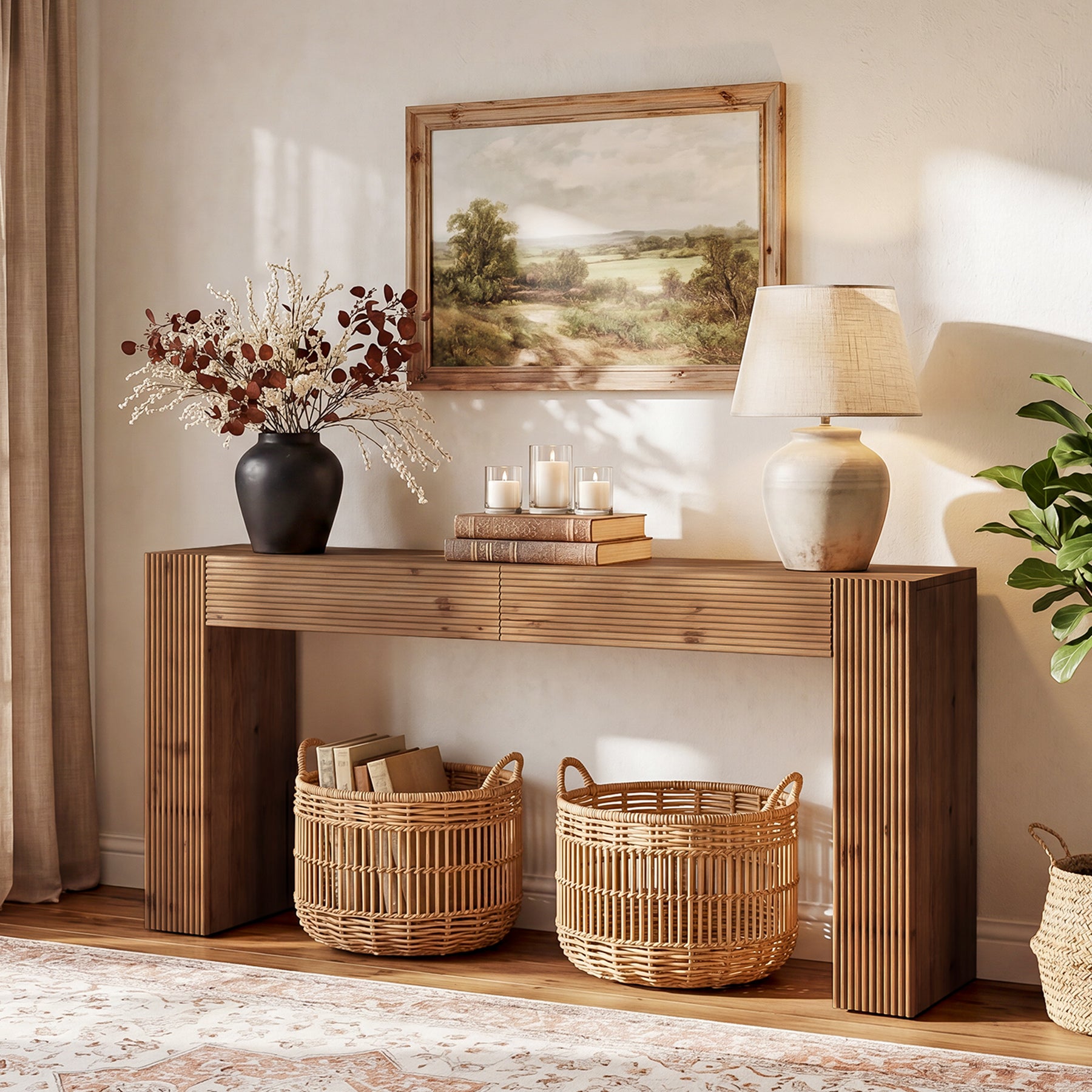 Tribesigns 63-Inch Solid Wood Console Table with 2 Drawers, Fluted Farmhouse Table for Hallway