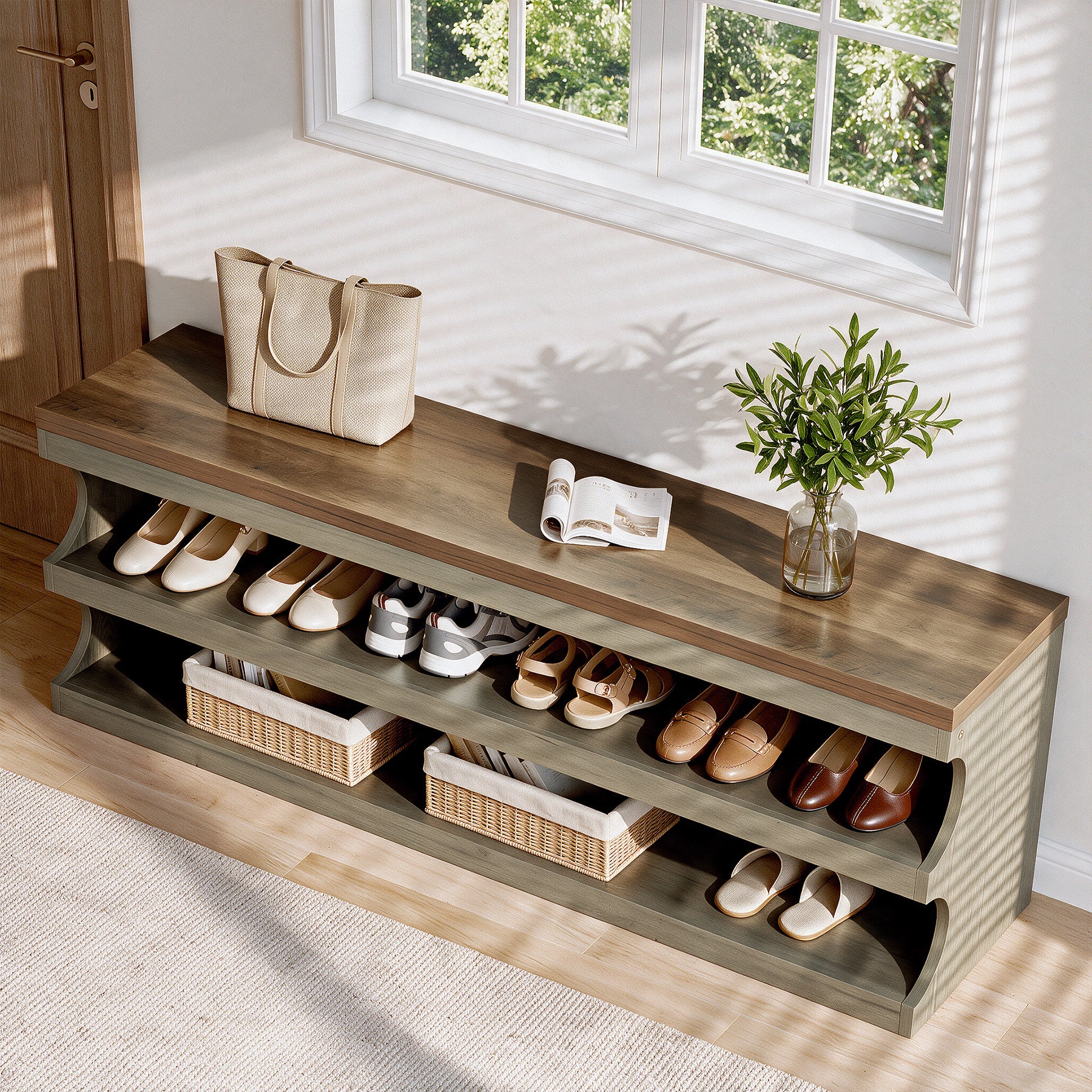 Tribesigns 55 Inch Entryway Bench, 3 Tier Shoe Storage Bench with Seating for Hallway and Bedroom