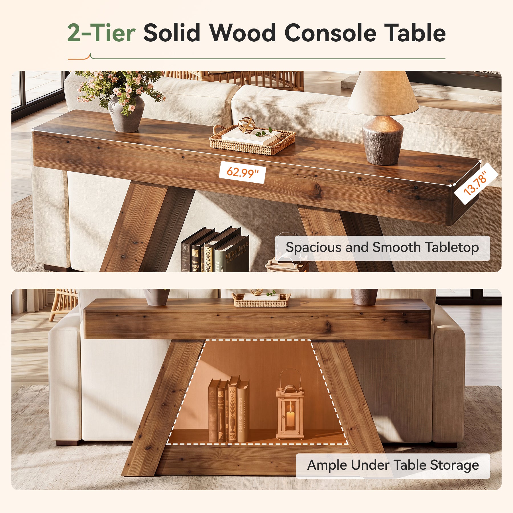 63-Inch Solid Wood Console Table with 2-Tier Storage, Farmhouse Sofa Table for Hallway