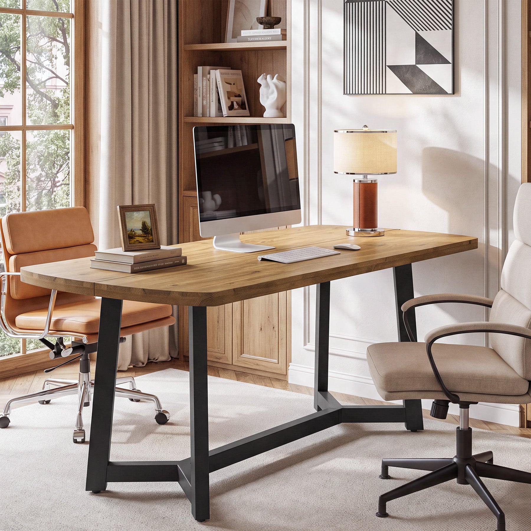 Tribesigns 63-Inch Solid Pine Wood Office Desk, Large Computer Desk with Metal Frame for Home Office