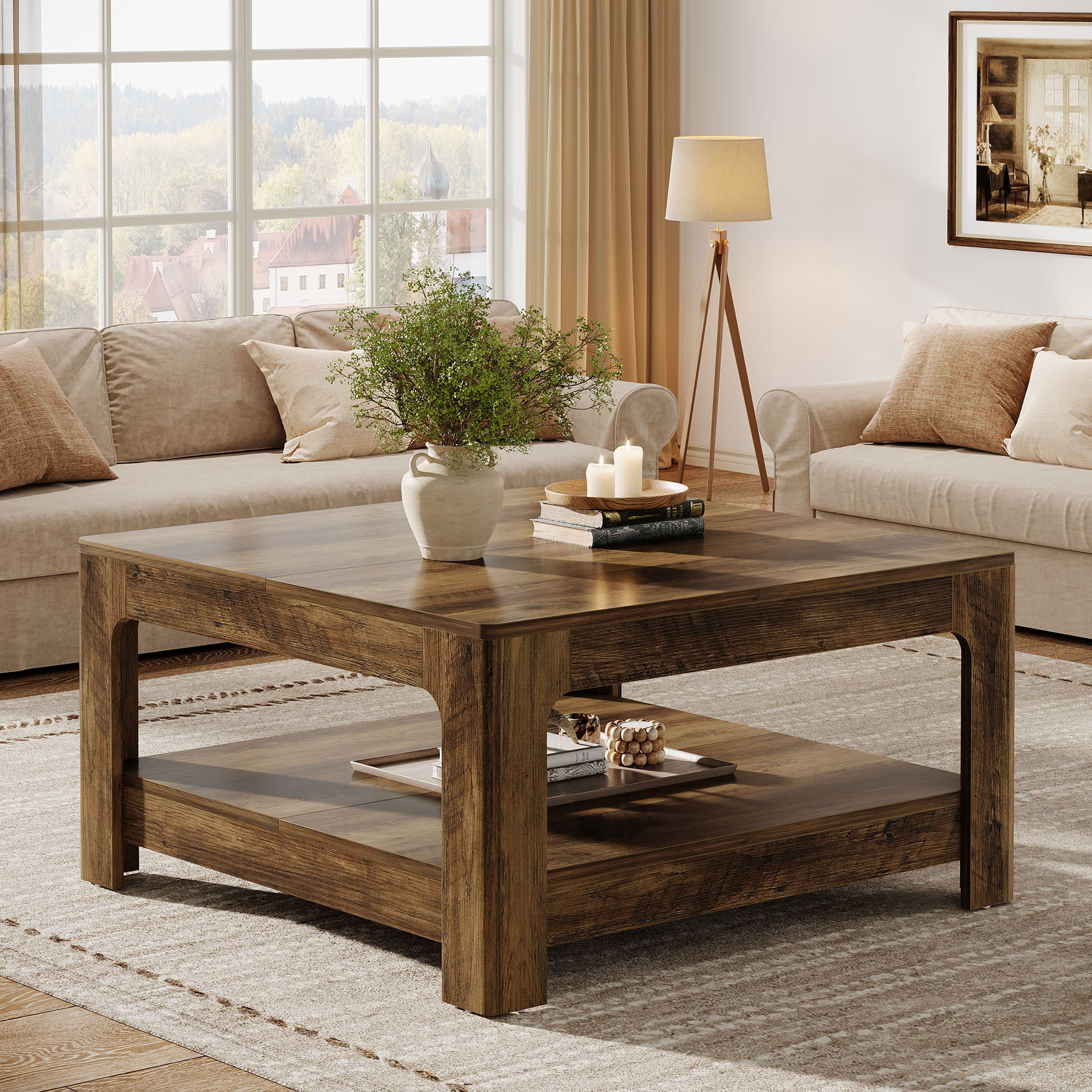 Tribesigns 39.4-Inch Square Coffee Table, Large Farmhouse Center Table with Storage Shelf for Living Room