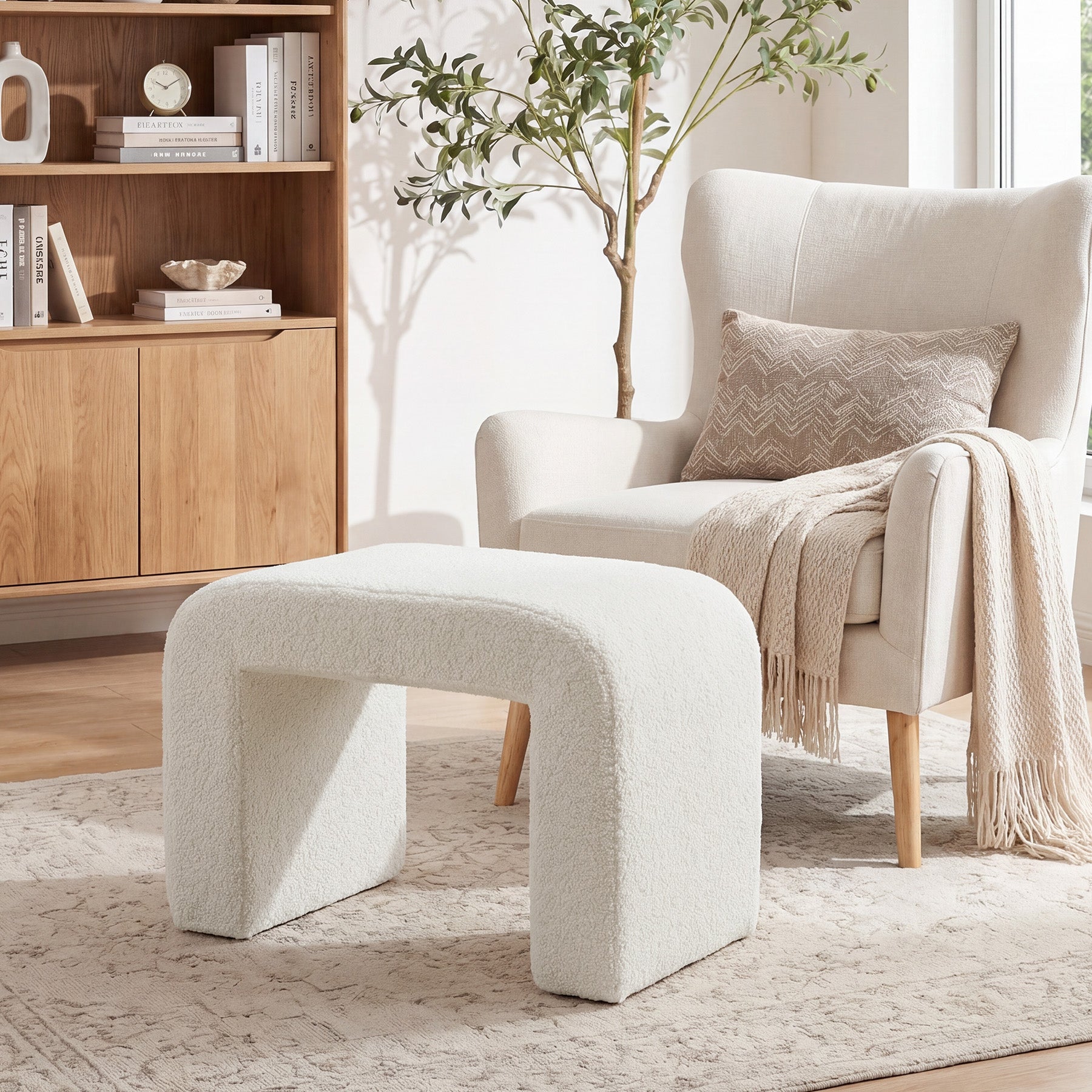23.62-Inch Modern Vanity Stool with Faux Cashmere Upholstery, Arched Ottoman Footstool