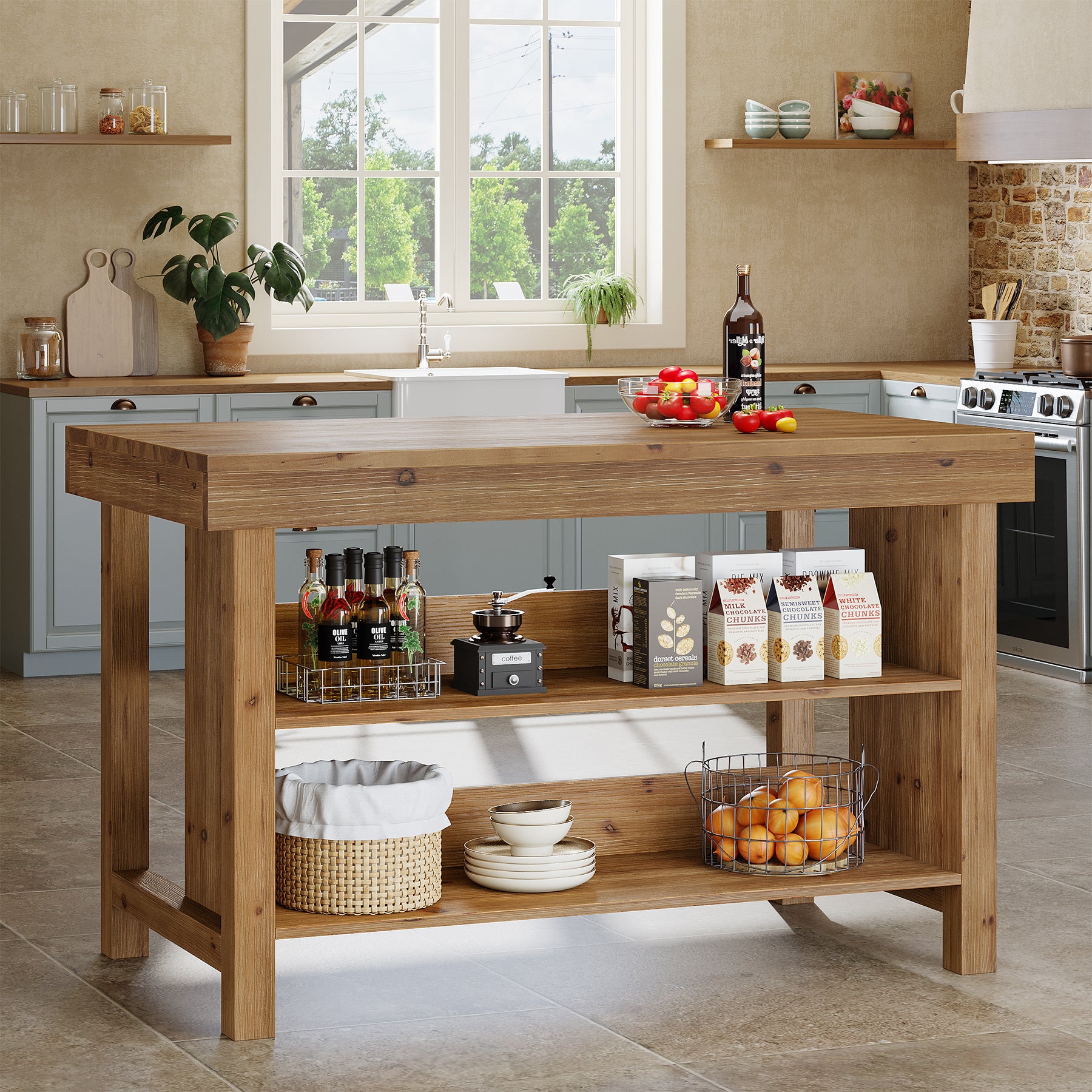 Tribesigns Solid Wood Kitchen Island Table with 2-Tier Open Storage Shelves, Farmhouse Stationary Island Table with Seating for Kitchen and Dining Room