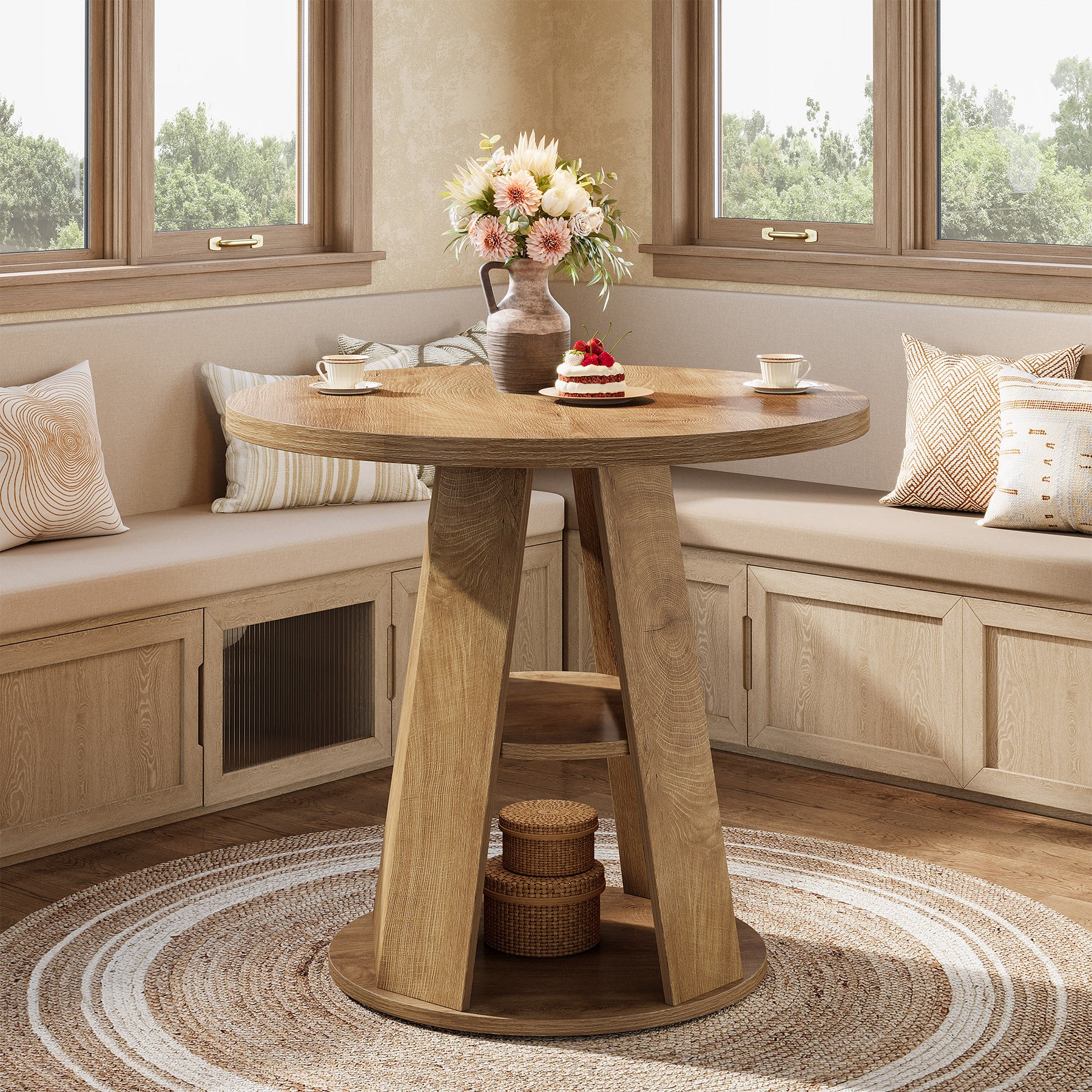 Tribesigns 31.5-Inch Round Dining Table for 2-4, Space-Saving Farmhouse Kitchen Table with 2-Tier Storage Shelf for Small Spaces