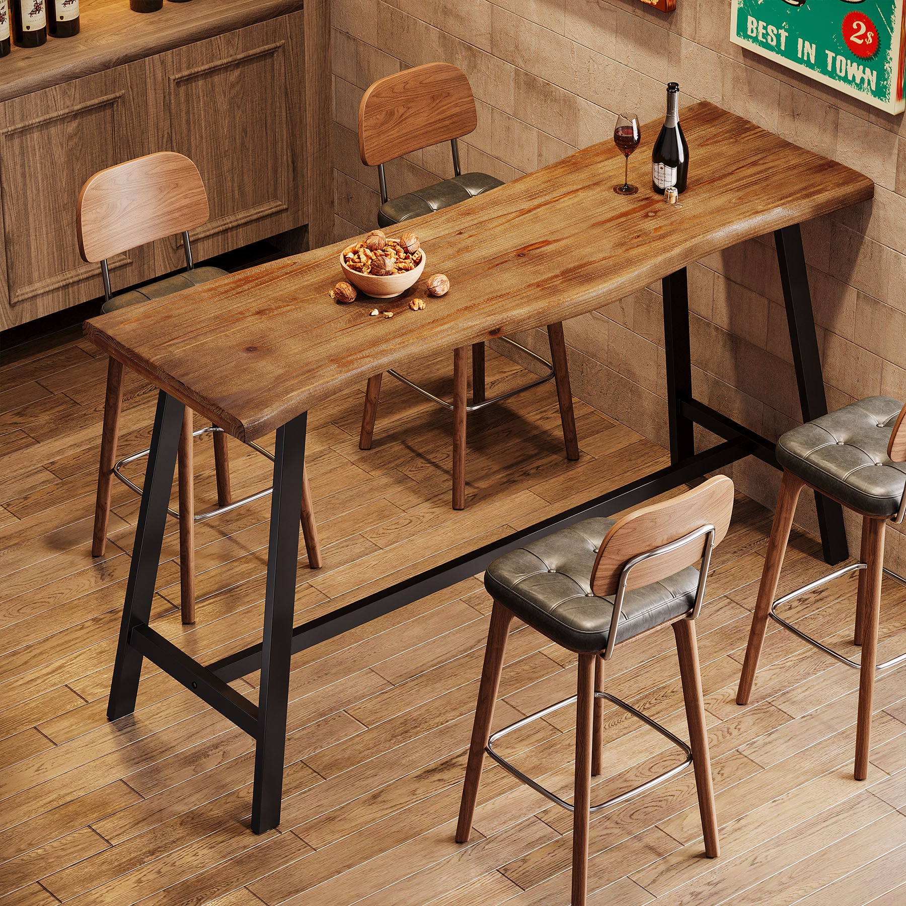55 Inch Solid Wood Bar Table with Metal Frame and Footrest, Industrial Counter Height Pub Table for Kitchen