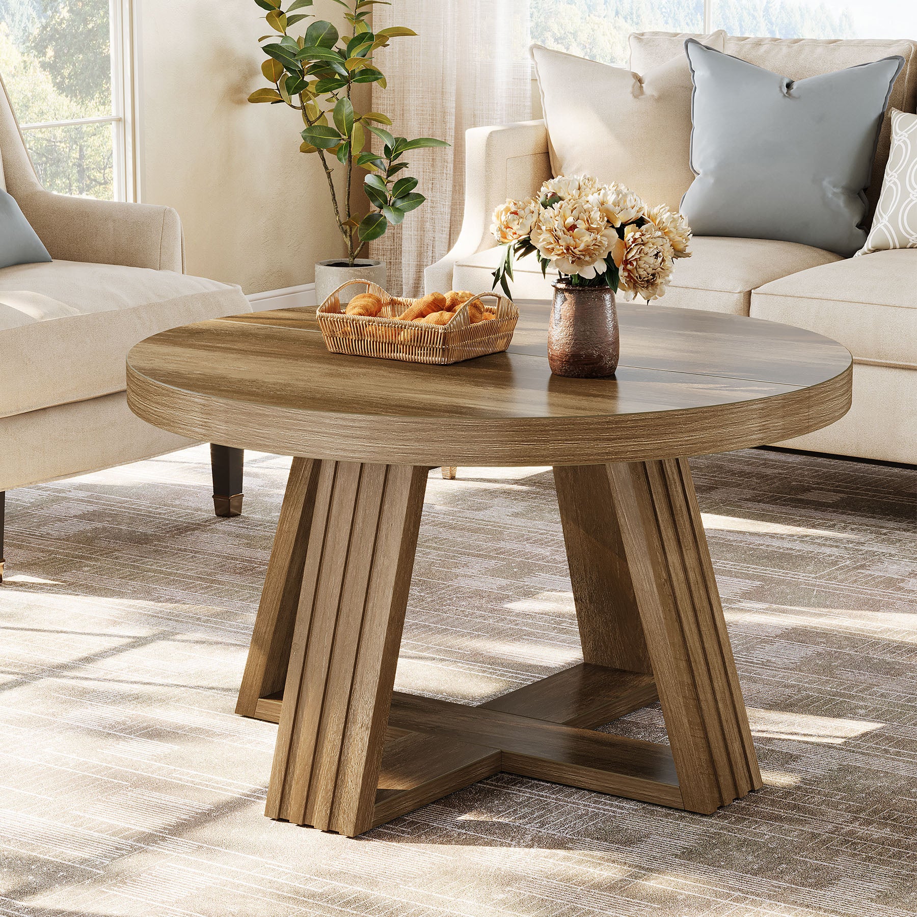 31.5-Inch Round Coffee Table with Thick MDF Tabletop and Cross Base, Rustic Farmhouse Center Table for Living Room