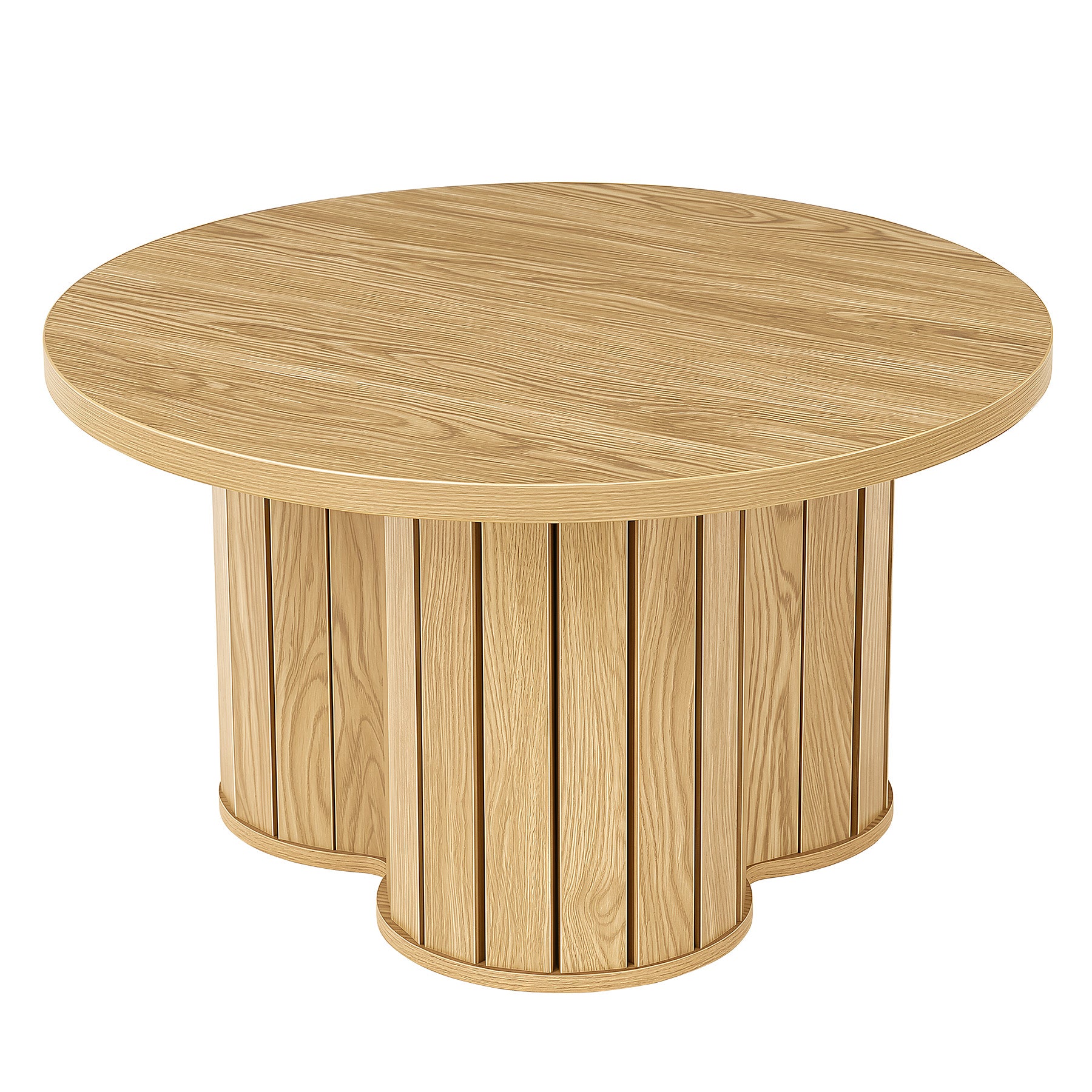 31.5-Inch Round Coffee Table, Wooden Circle Center Table with Fluted Three-Lobed Base for Living Room Apartment