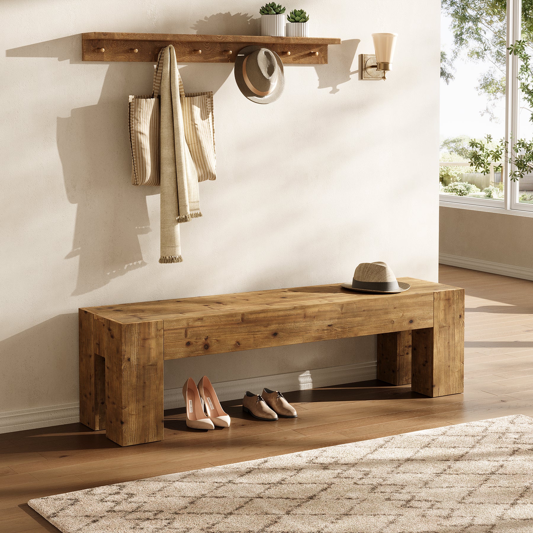 Tribesigns 63-Inch Solid Wood Entryway Bench with Sturdy Frame, Rustic Farmhouse Long Bench for Hallway Living Room and Bedroom