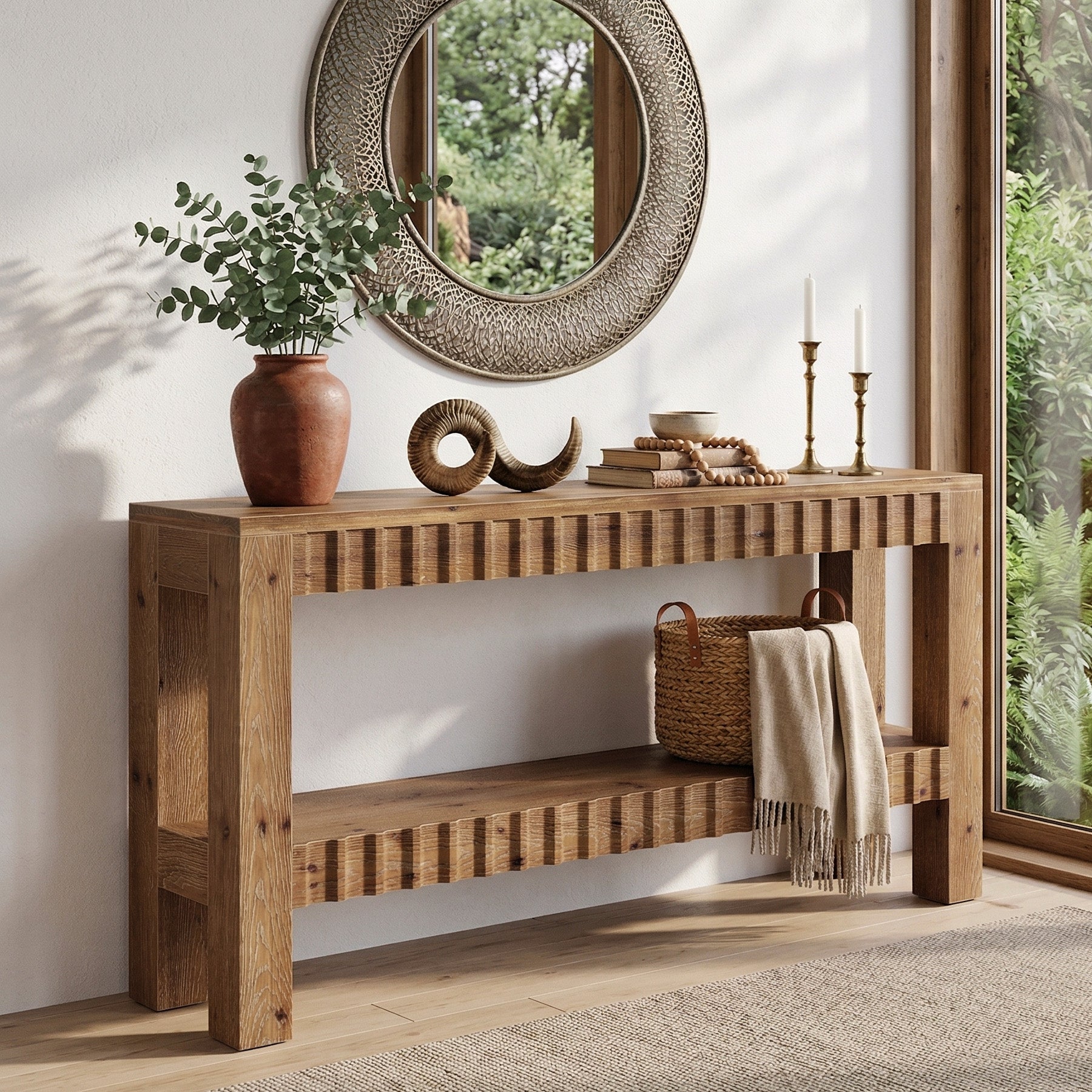 63" Console Table, Solid Wood Farmhouse Entryway Table with 2-Tier Storage