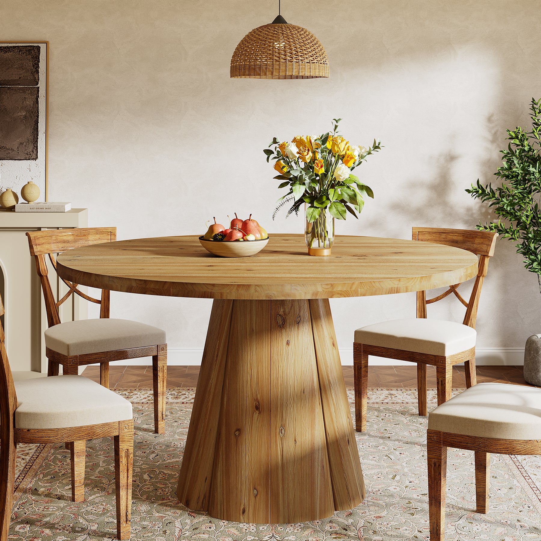 Tribesigns 47.24-Inch Solid Wood Dining Table, Farmhouse Round Kitchen Table with Pedestal Base for Dining Room