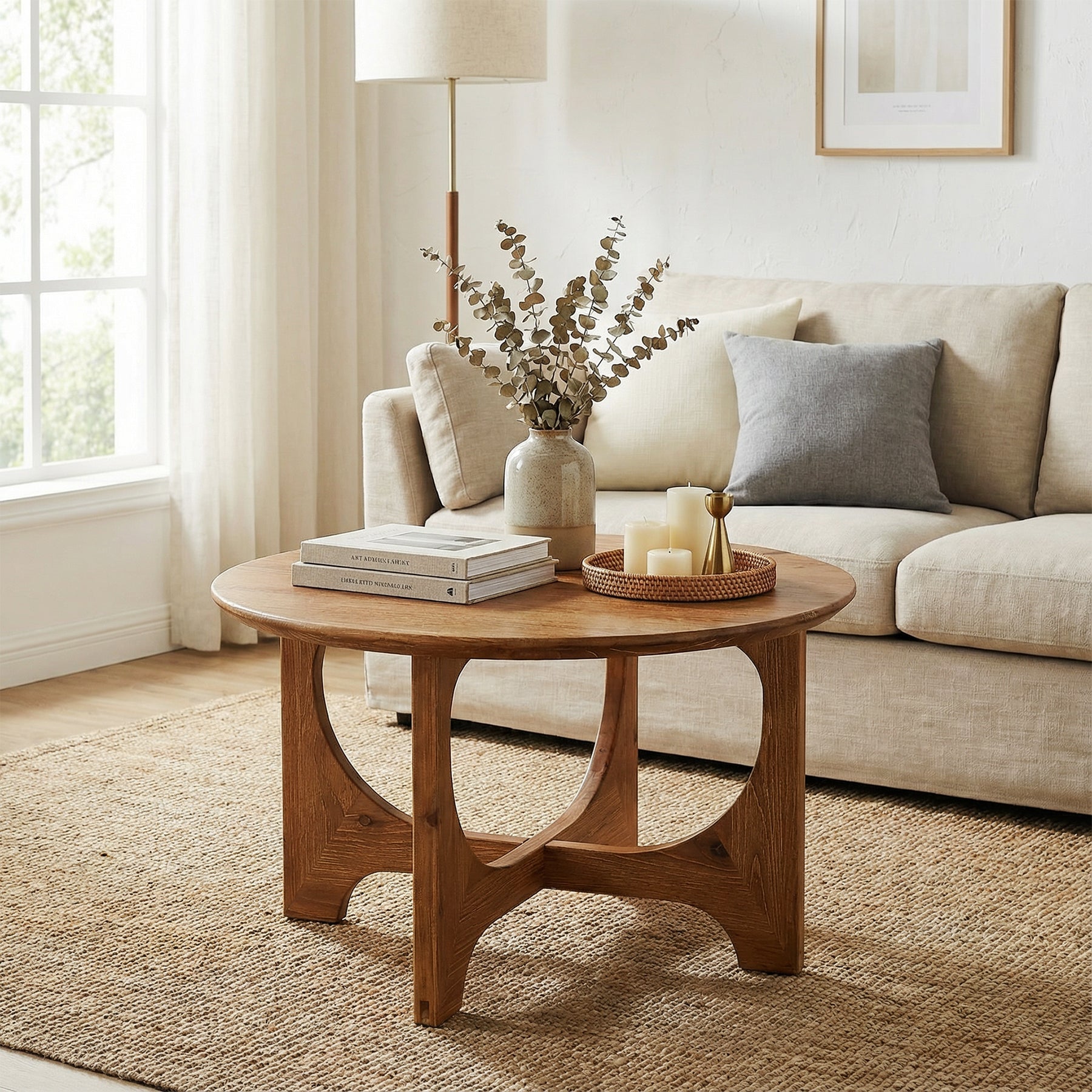 31.5" Round Solid Wood Farmhouse Coffee Table, Rustic Brown Small Space