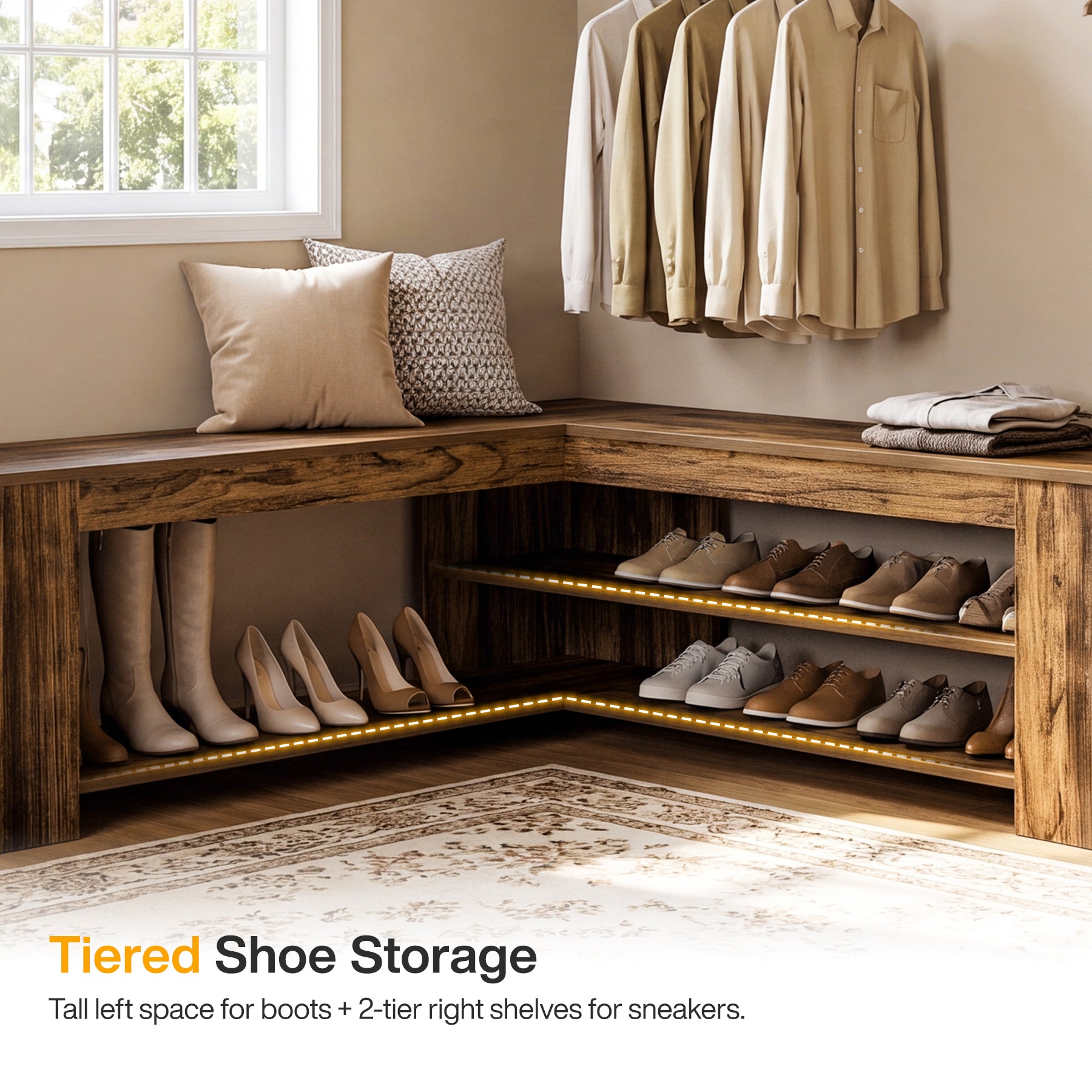 47.24 Inch L Shaped Storage Bench, Corner Entryway Shoe Bench with 2 Tier Rack for Home Foyer