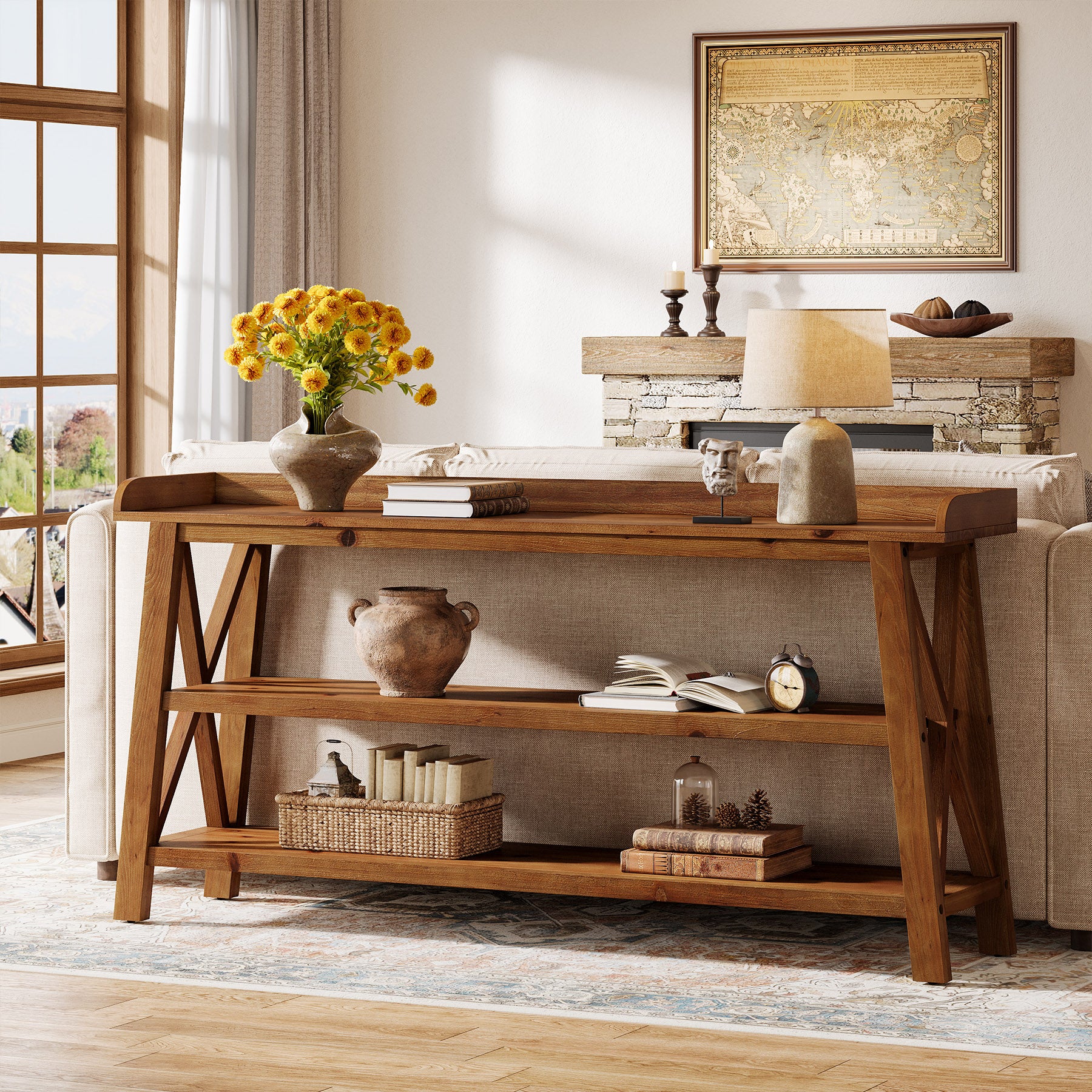 Tribesigns 63-Inch Solid Wood Console Table with X-Frame, 3-Tier Hallway Table for Living Room
