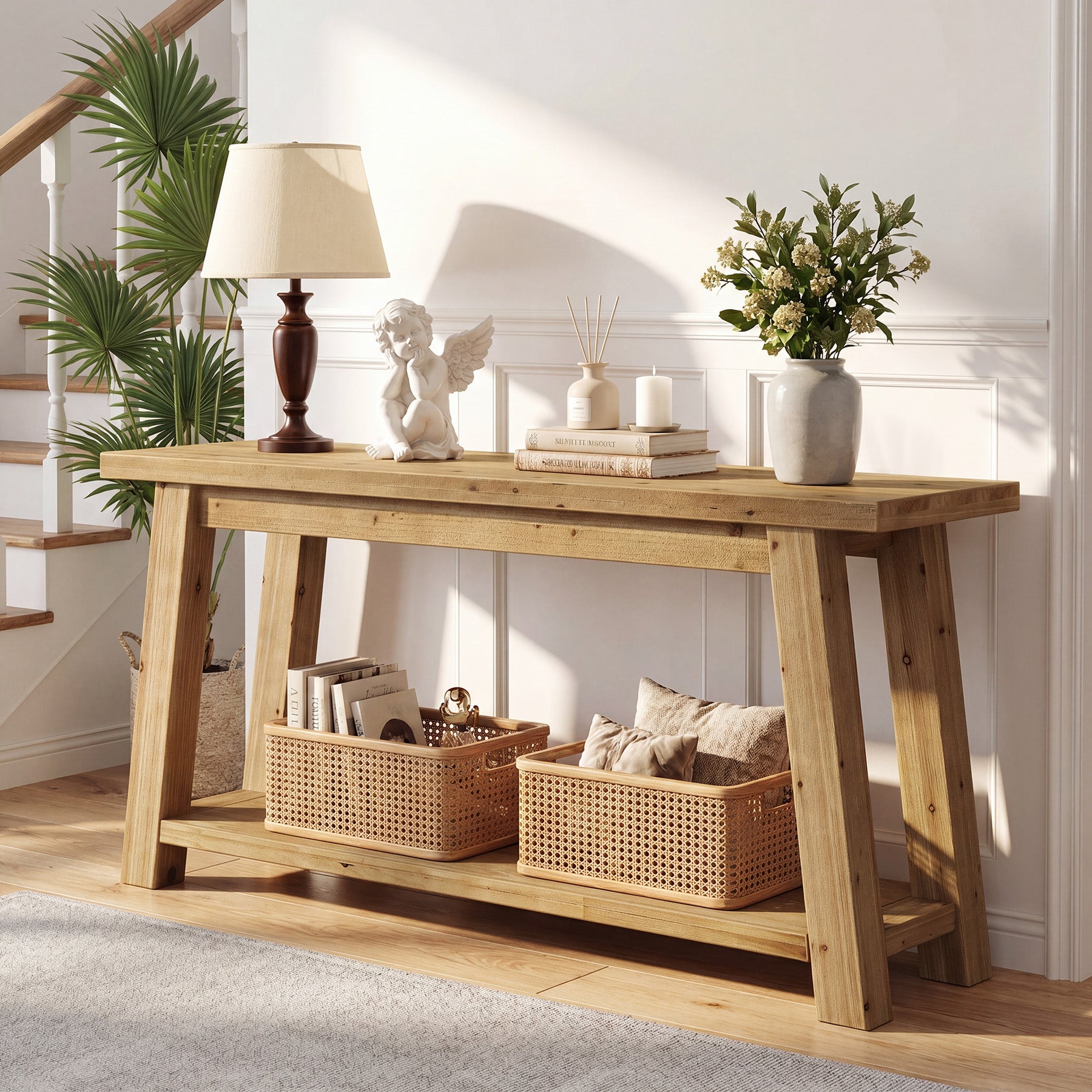 70.9-Inch Solid Wood Console Table with 2-Tier Storage Shelf, Farmhouse Entryway Table for Living Room and Hallway