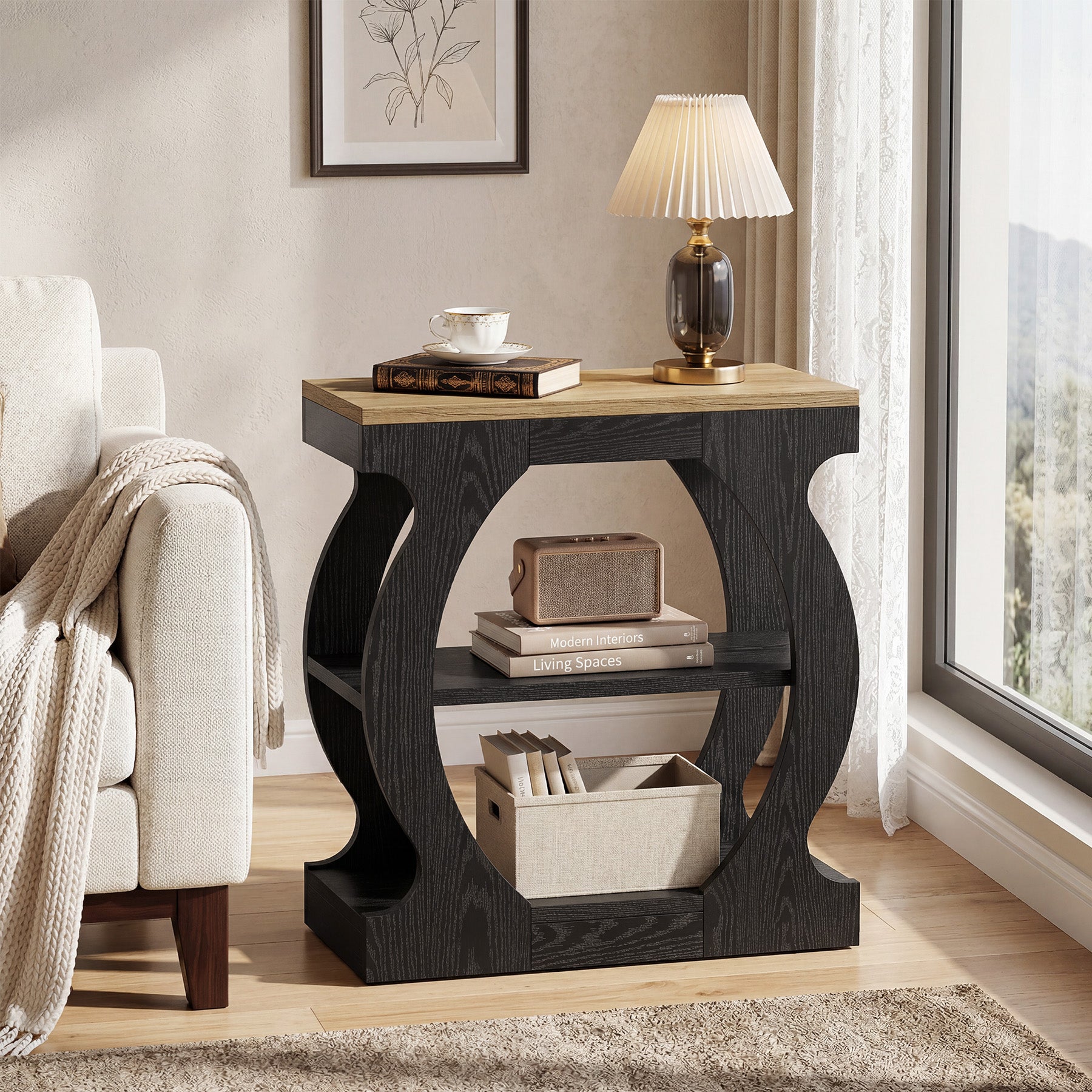 Tribesigns 23.6 Inch Narrow End Table with 3-Tier Storage, Wooden Side Table with Curved Frame