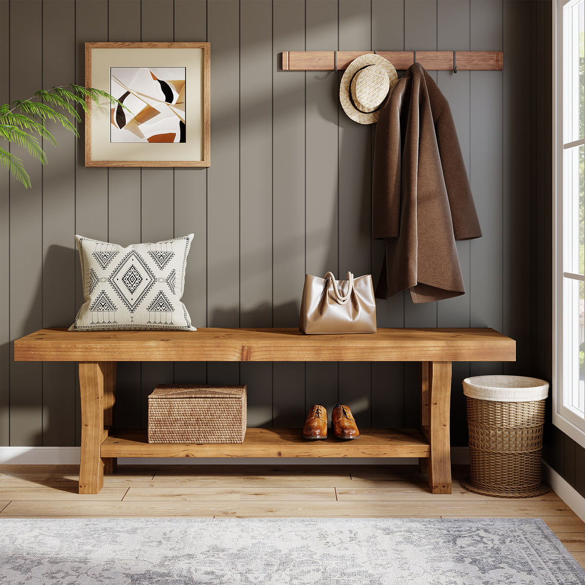55.1 Inch Solid Wood Hallway Bench with Storage Shelf, Farmhouse Shoe Bench for Entryway