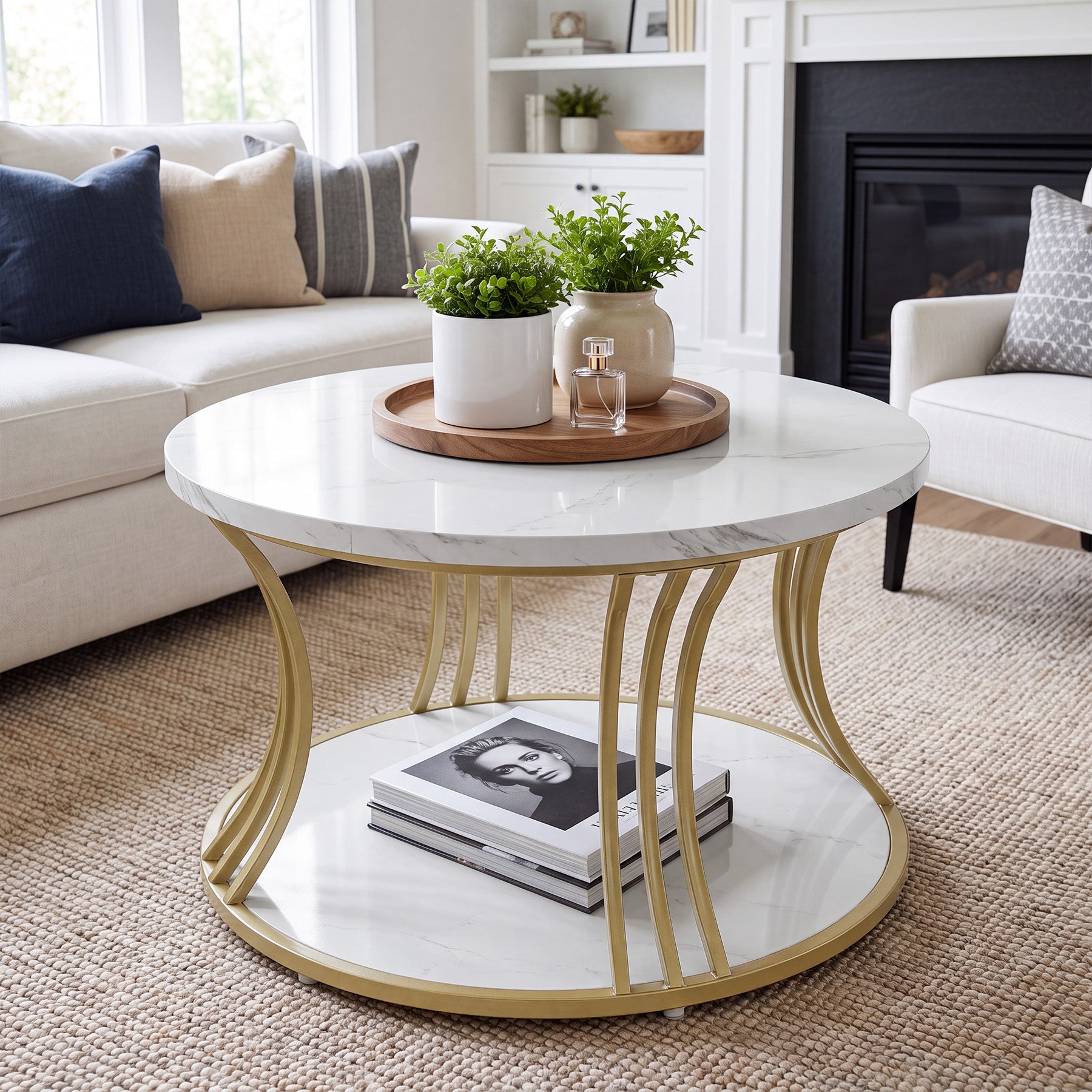 Tribesigns 31.5 Inch Round Coffee Table, 2 Tier Faux Marble Top with Gold Metal Frame for Living Room