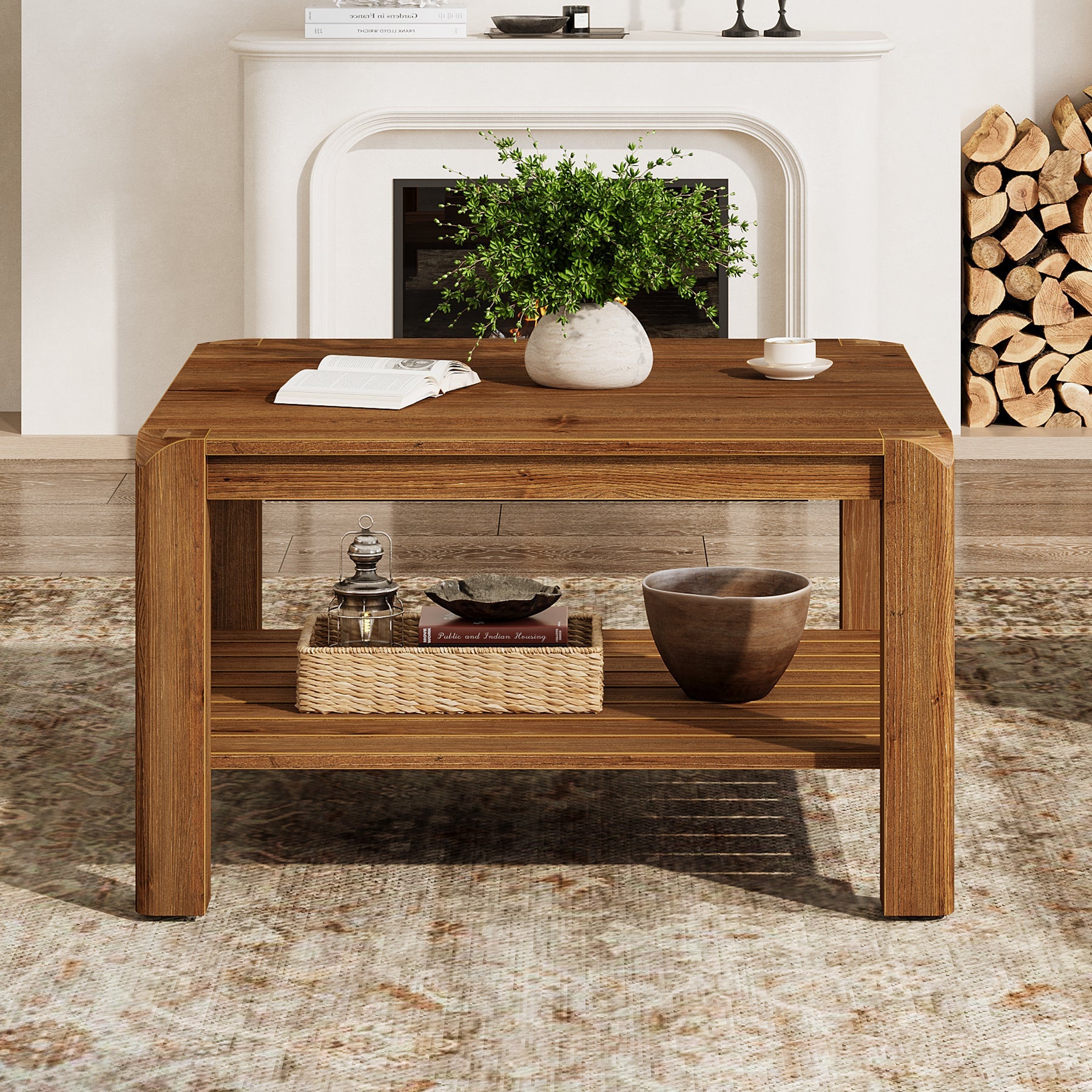 31.5" Solid Wood Coffee Table, 2-Tier Square Table with Rounded Corners