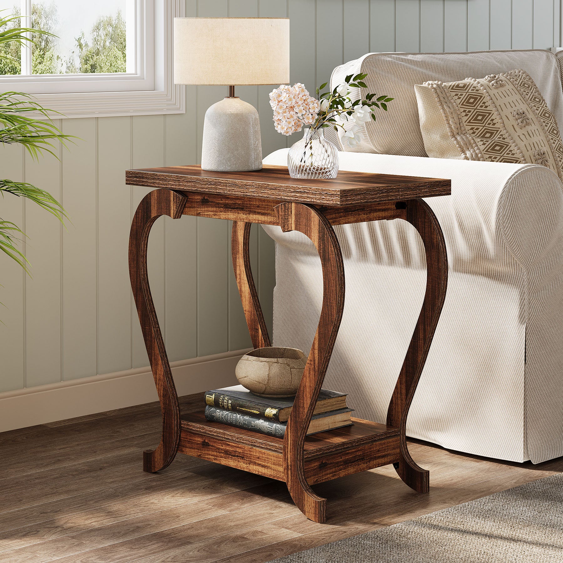 Brown Wooden End Table, 23.62 Inch 2-Tier Side Table for Small Spaces