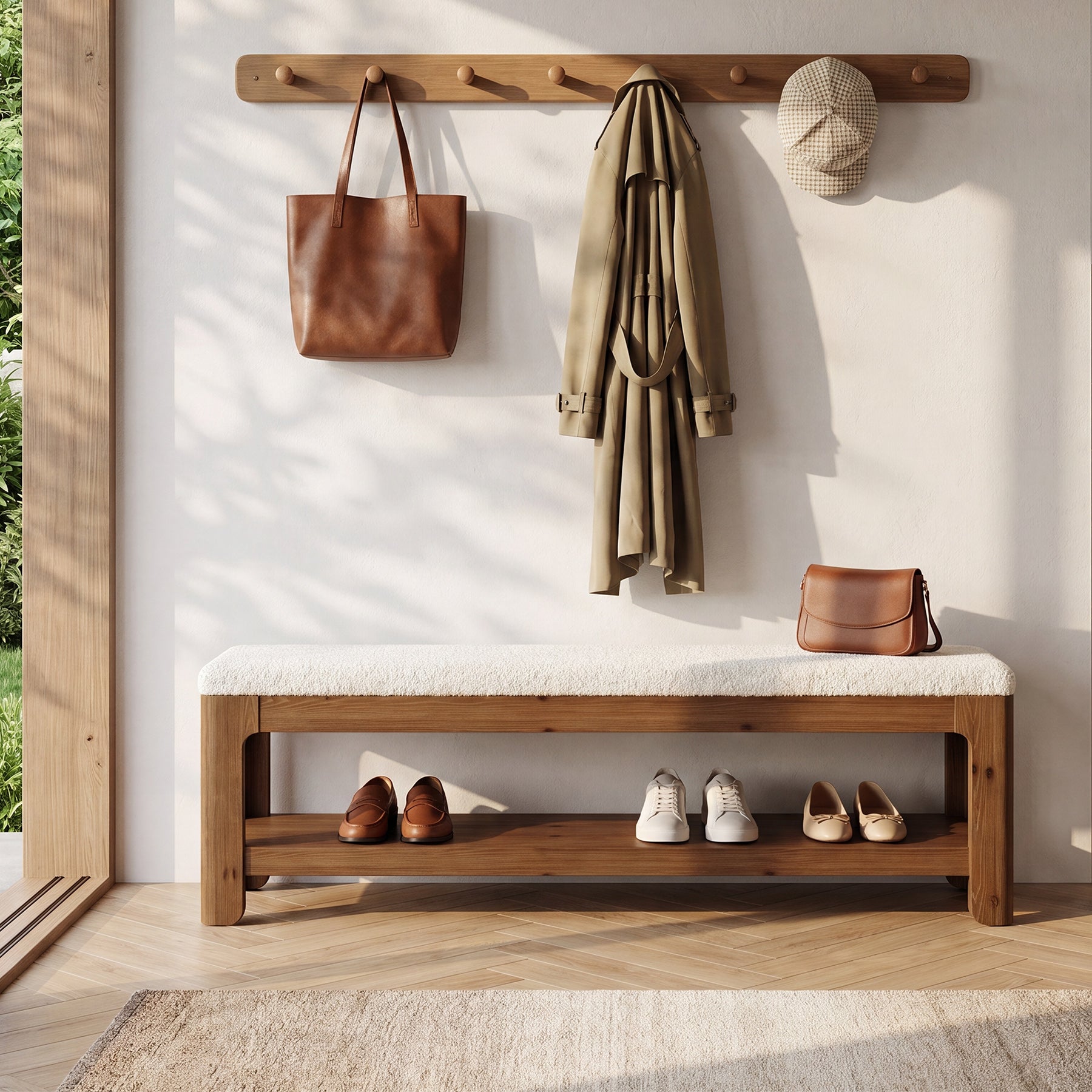 55-Inch Solid Wood Storage Bench with Faux Wool Seat, Entryway Bench for Bedroom