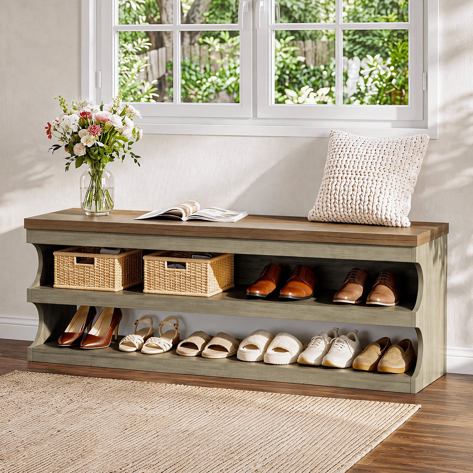 Tribesigns 55 Inch Entryway Bench, 3 Tier Shoe Storage Bench with Seating for Hallway and Bedroom